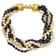 Vintage Statement Big Cat Multistrand Pearl & Glass Torsade Necklace 1980s