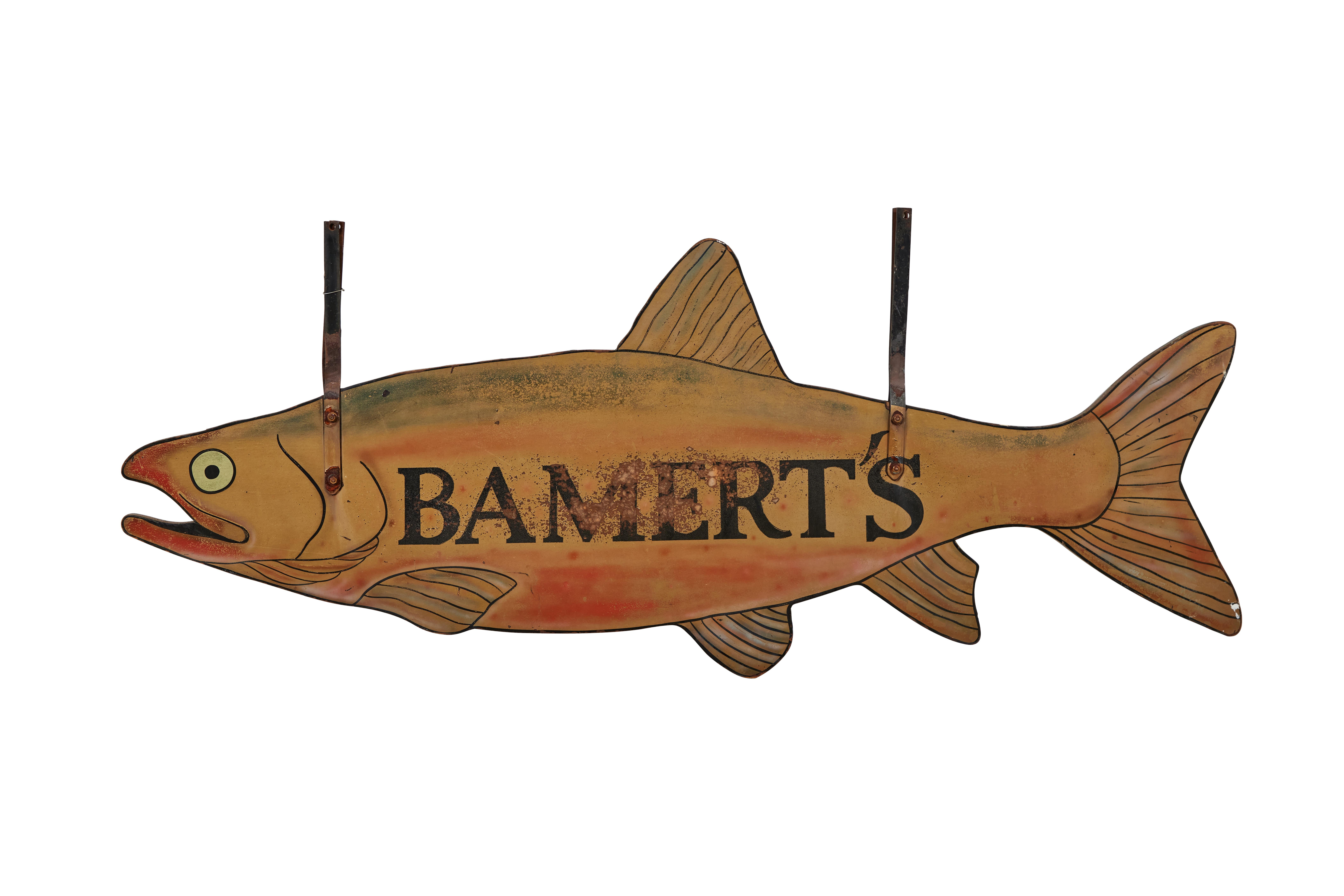 Almost six foot long wood fish double-sided trade sign. Original hand painted surface with heavy iron strap hangers. . Found in the northeast. Perhaps for a fish market or fishing supply store. Nice graphic sign, Please note 1st Dibs shipping prices