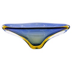 Retro Big Murano Bowl in Blue and Yellow "Sommerso" Glass, Flavio Poli Style