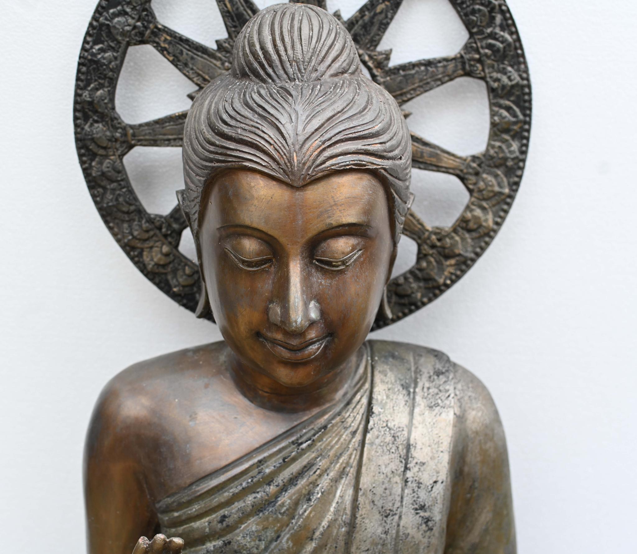 Late 20th Century Vintage Big Nepalese Buddha Statue Meditation Pose Garden Casting Mandorla For Sale