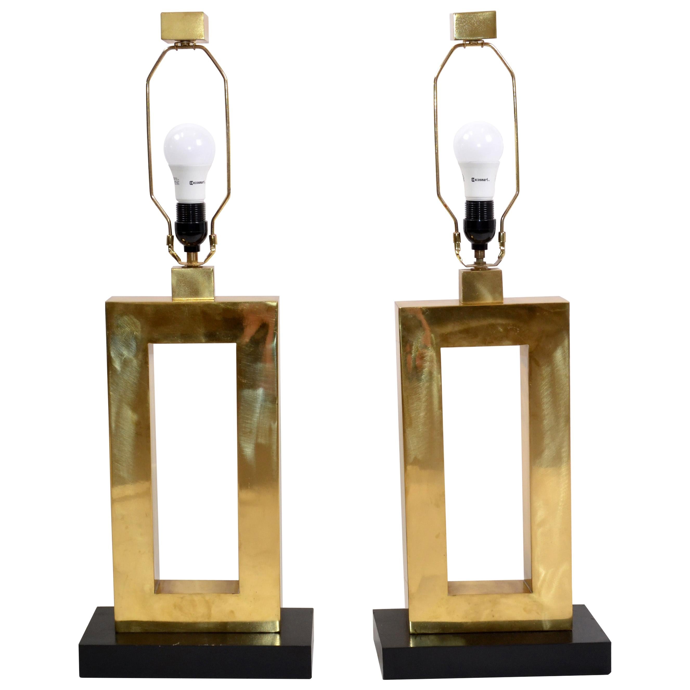 Vintage Big Scale Brass and Ebonized Wood Rectangular Solid Brass Lamps, Pair