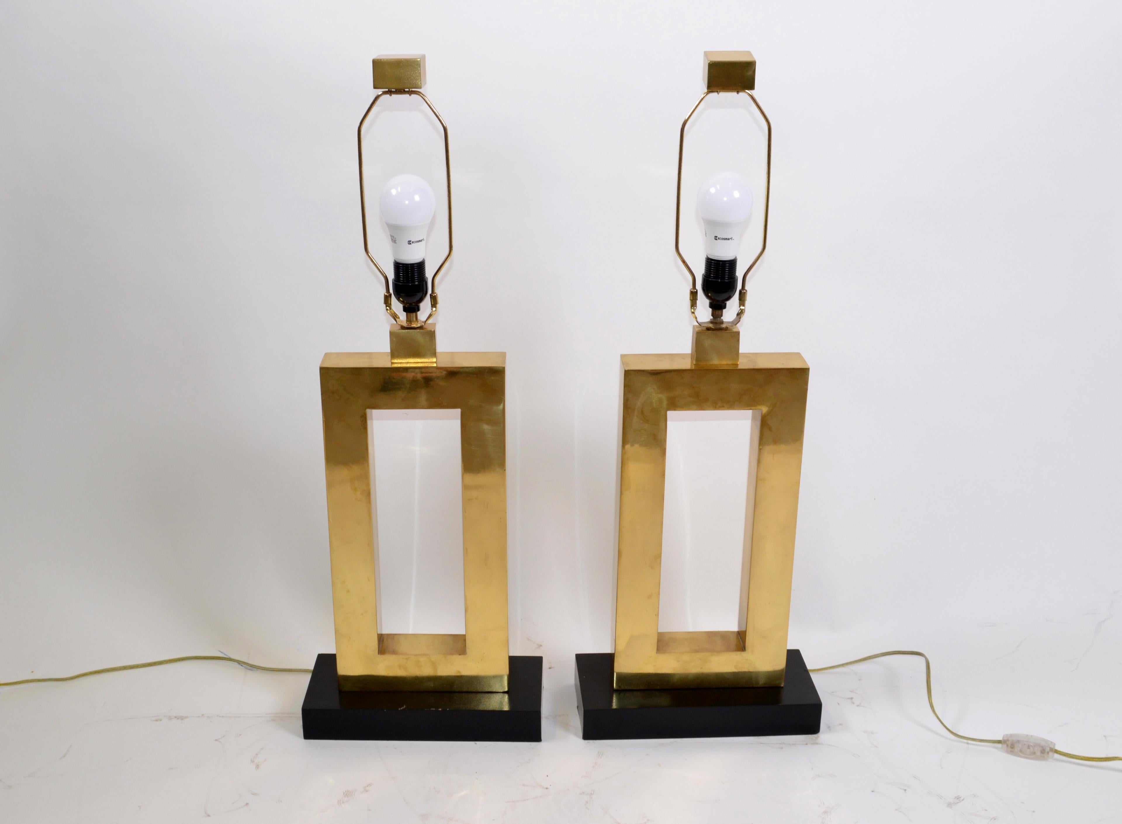 Vintage Big Scale Brass and Ebonized Wood Rectangular Solid Brass Lamps, Pair 4