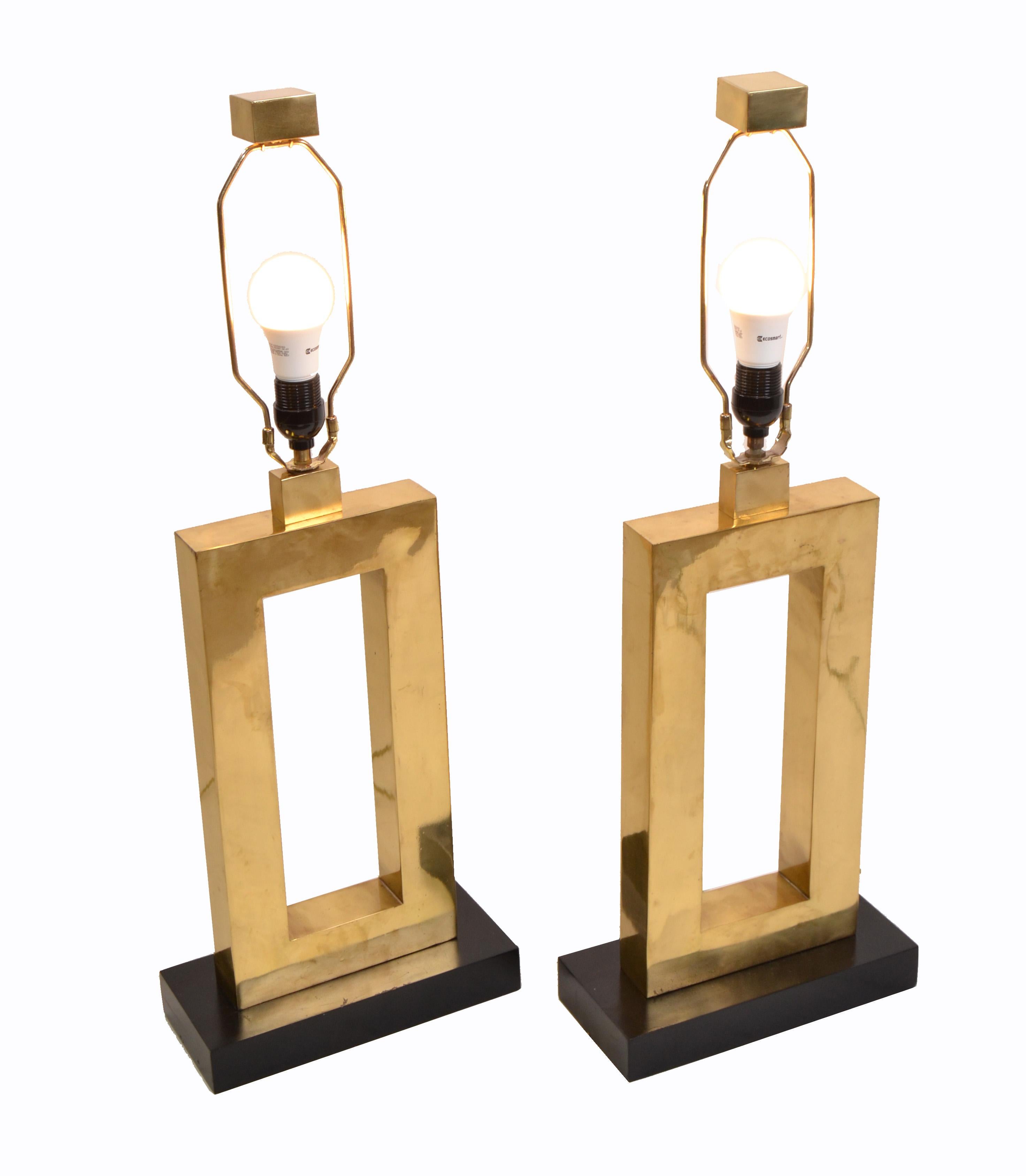 Mid-Century Modern Vintage Big Scale Brass and Ebonized Wood Rectangular Solid Brass Lamps, Pair