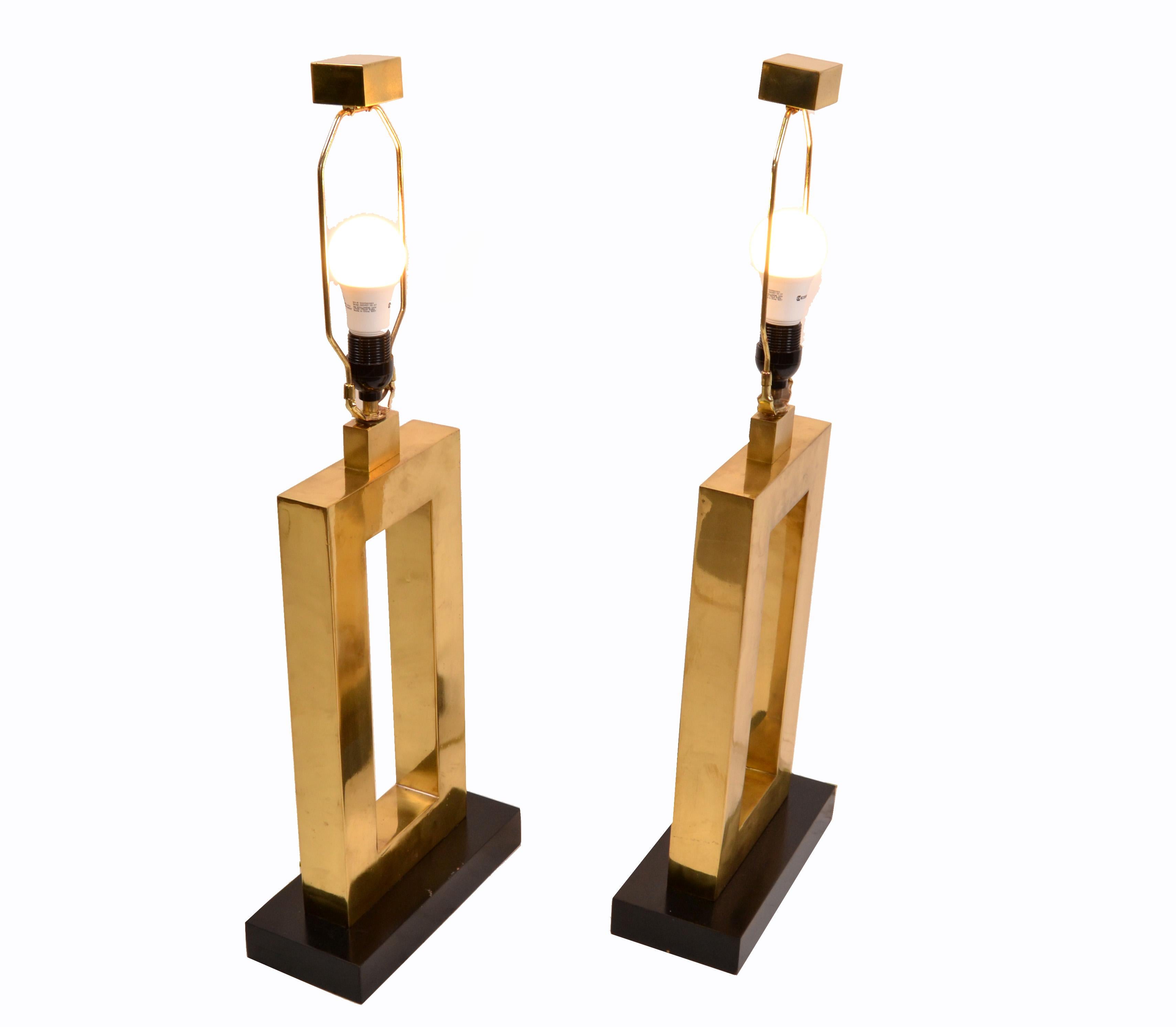 American Vintage Big Scale Brass and Ebonized Wood Rectangular Solid Brass Lamps, Pair