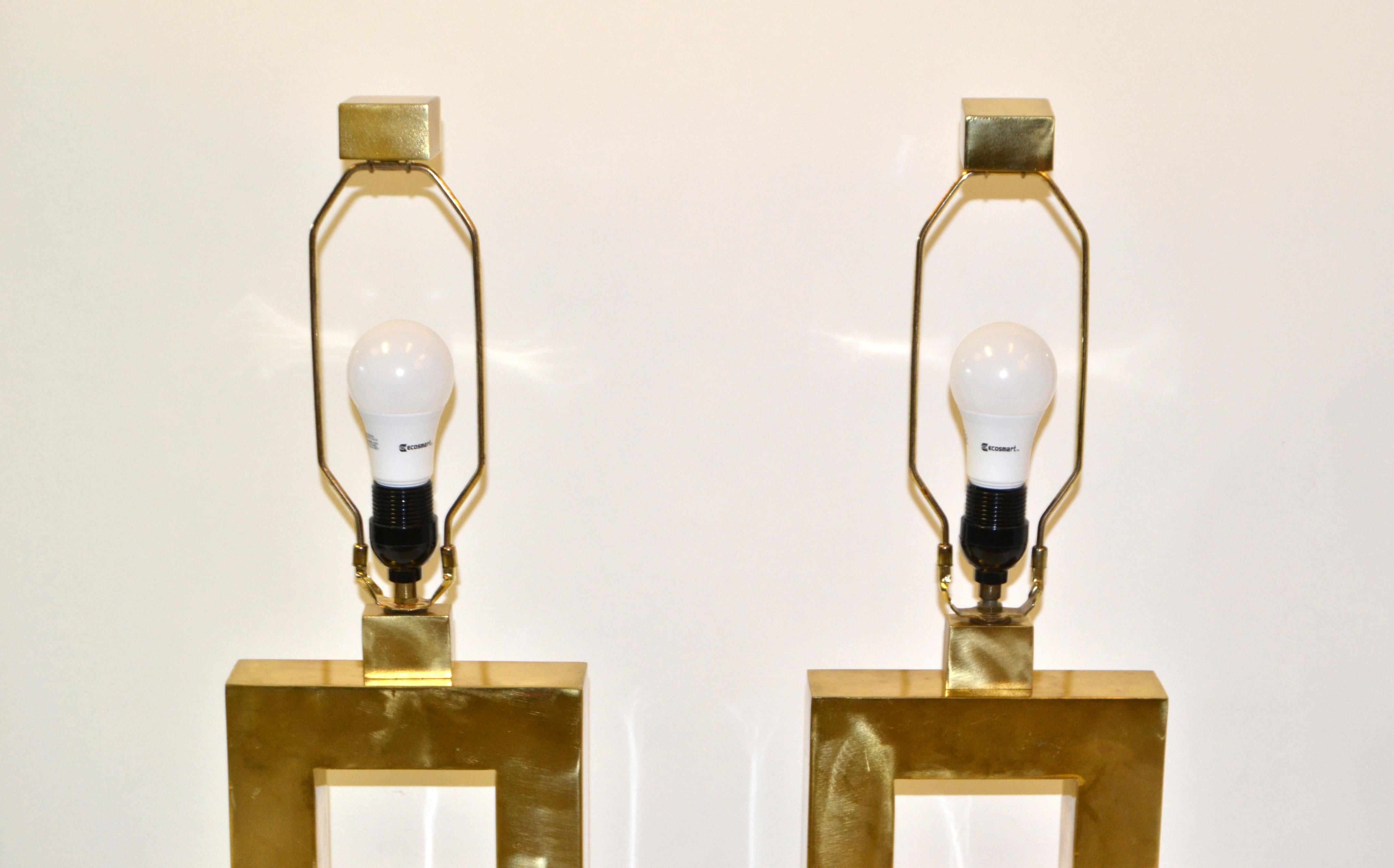 Late 20th Century Vintage Big Scale Brass and Ebonized Wood Rectangular Solid Brass Lamps, Pair