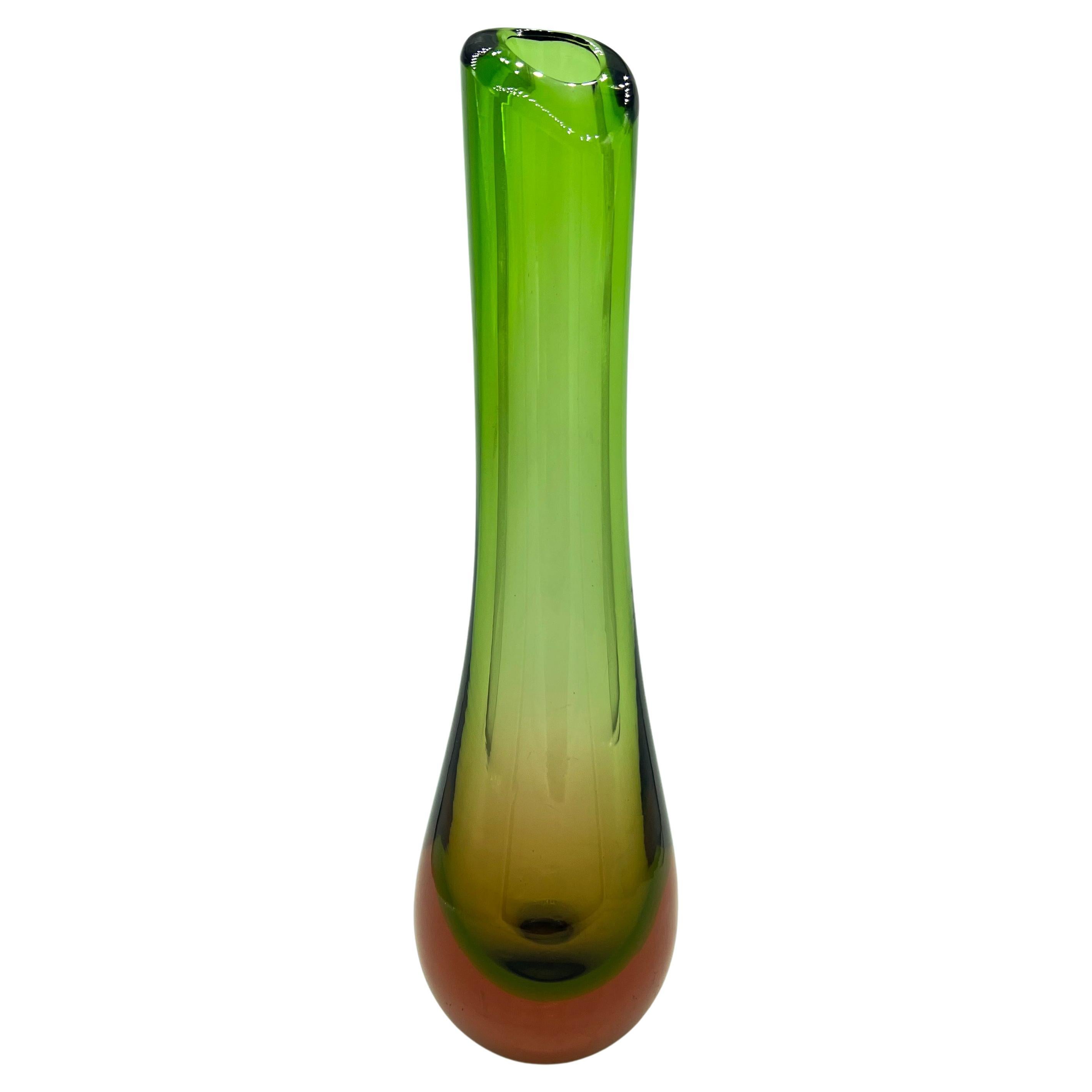 Vintage Big, Tall and Heavy Murano Vase in Green and Orange "Sommerso" Glass For Sale