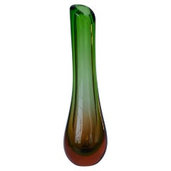 Retro Big, Tall and Heavy Murano Vase in Green and Orange "Sommerso" Glass