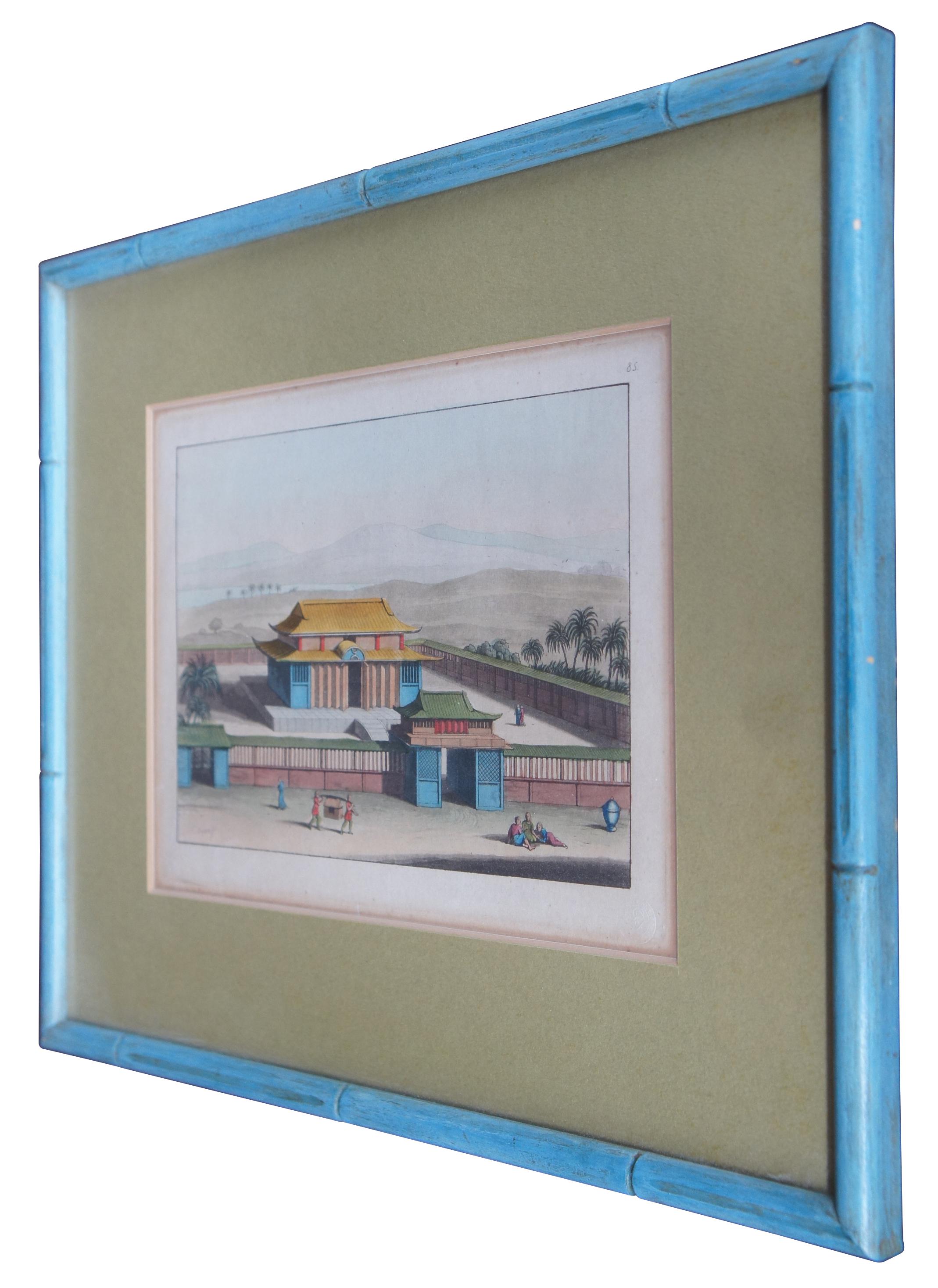 Vintage colored Pagoda Buddist temple engraving by S. Bigatti featuring a vibrant asian landscape scene dotted with palm trees, mountains and water. Plate no. 85. Framed in boho faux bamboo.

Measures: 13.75