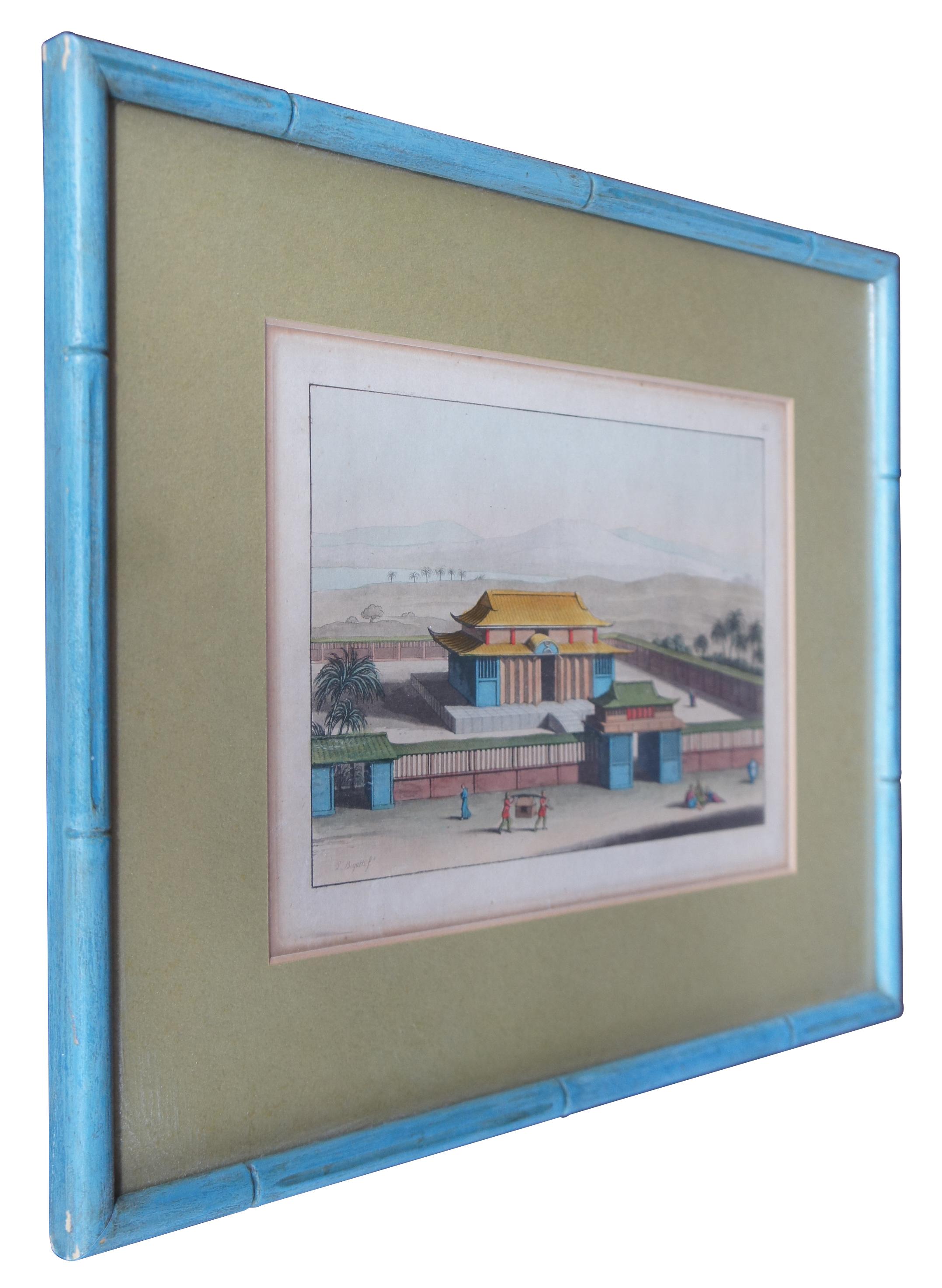 Chinoiserie Vintage Bigatti Colored Asian Pagoda Buddhist Temple Engraving