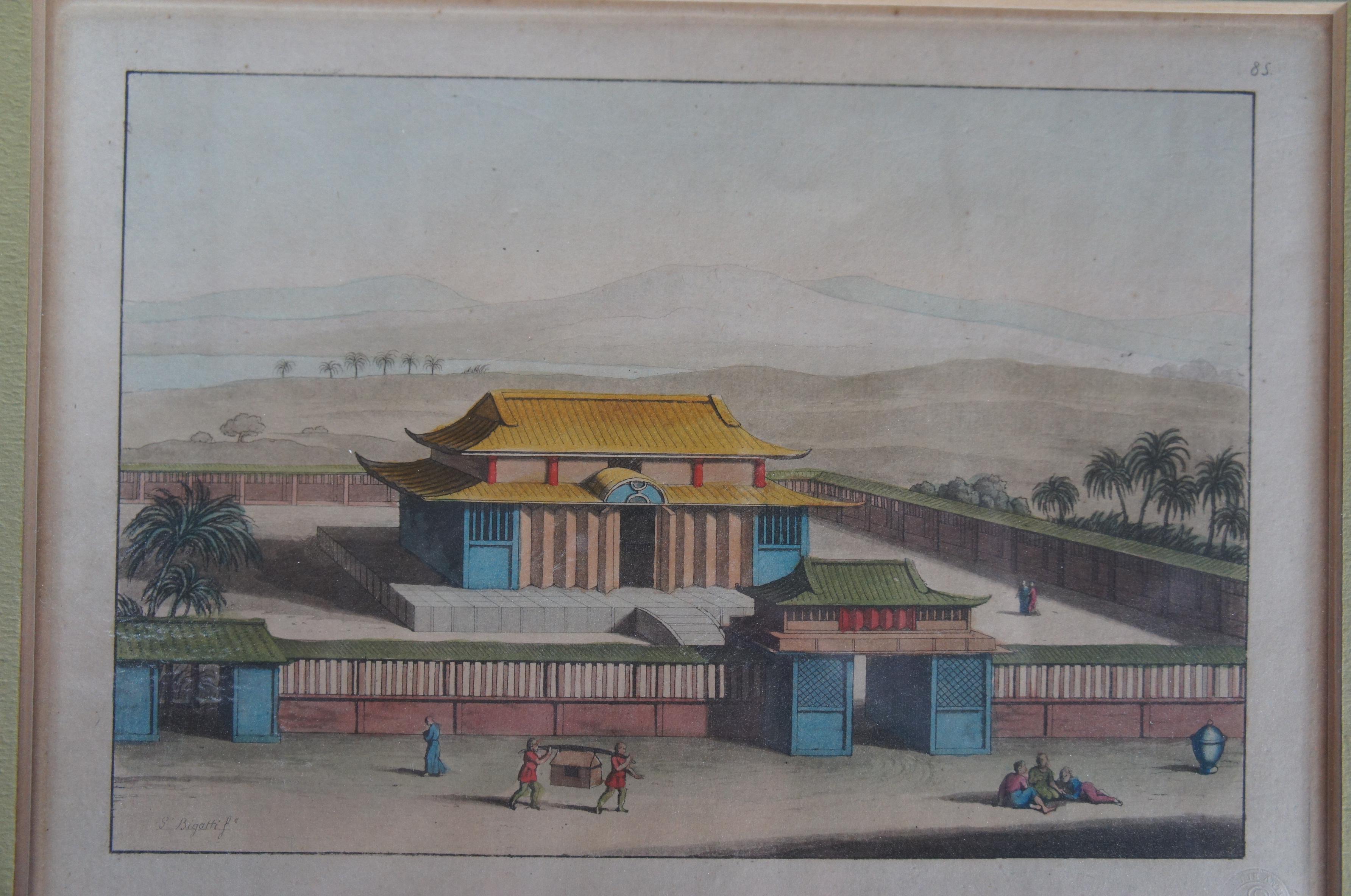 Vintage Bigatti Colored Asian Pagoda Buddhist Temple Engraving In Good Condition In Dayton, OH