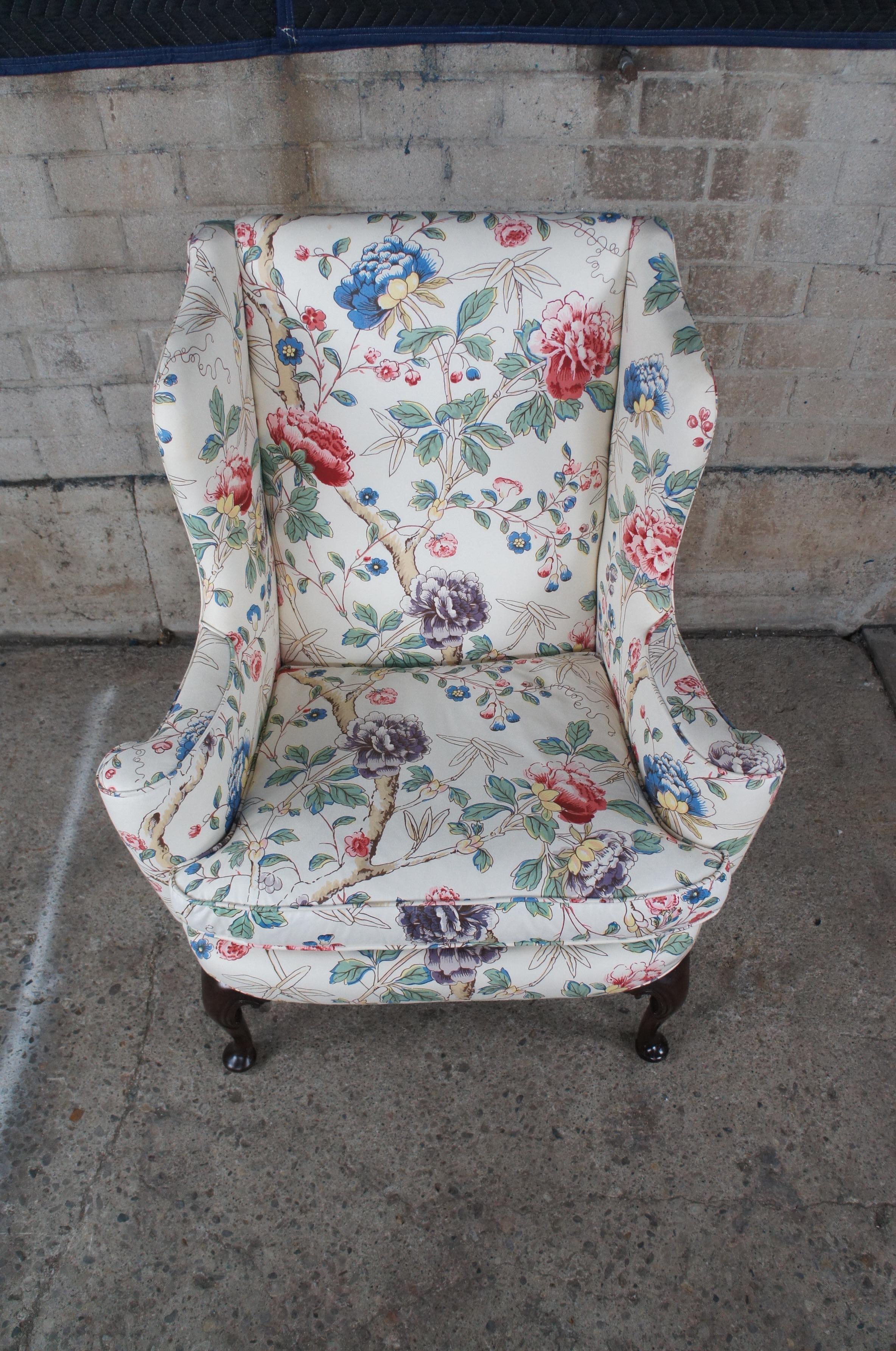 Late 20th Century Vintage Biggs Queen Anne Crewel Style Mahogany Wingback Arm Chair Down Seat For Sale