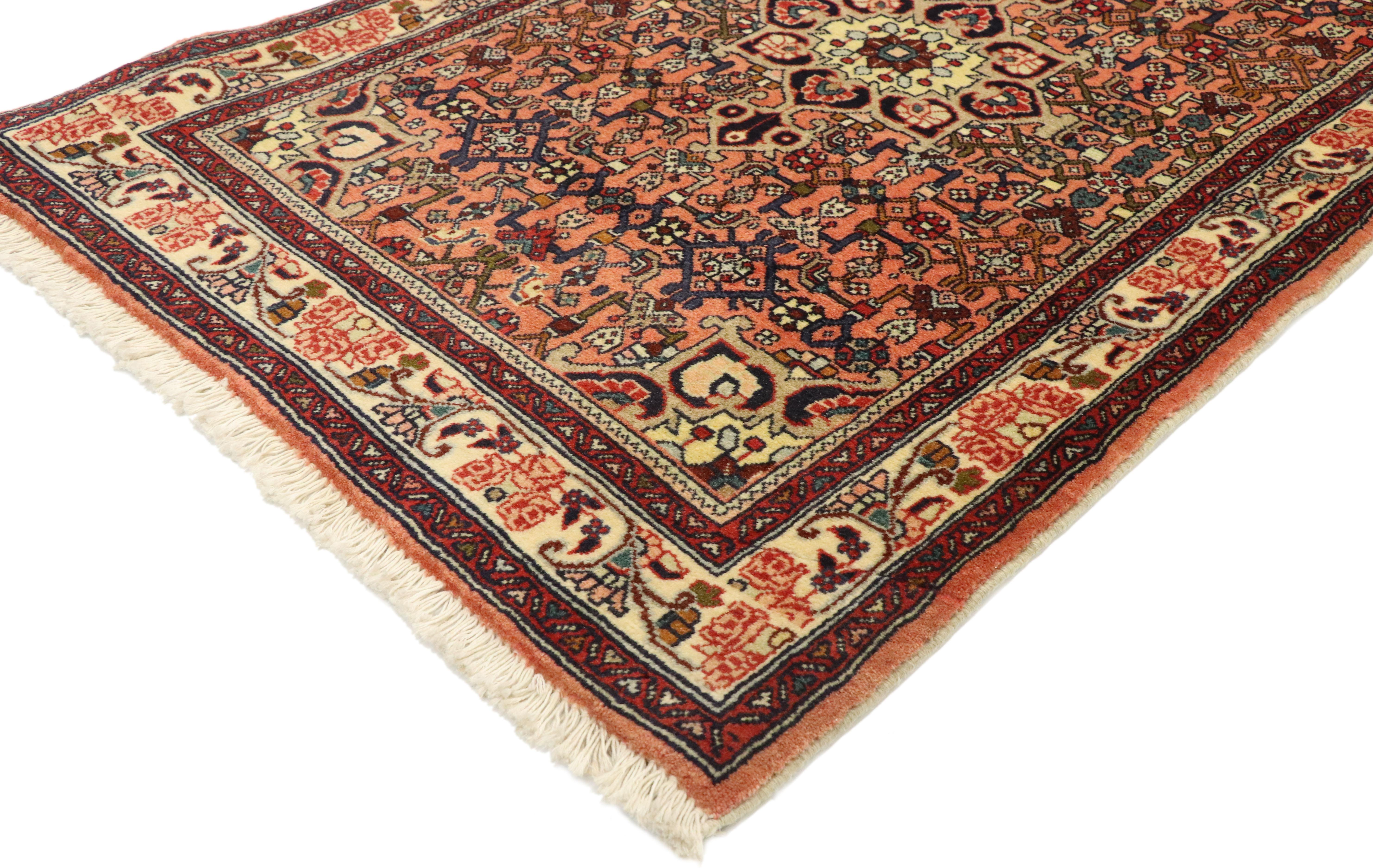 76055, vintage Bijar Persian rug with Medallion Design and Traditional style. This hand knotted wool vintage Bijar Persian rug displays a traditional style that is both timeless and Classic. Taking centre stage, an eight-pointed floral medallion is
