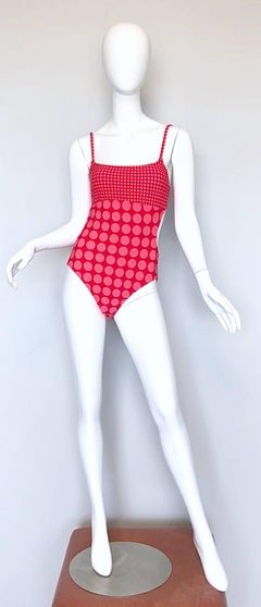 Bill Blass Vintage Cut Out 1990s Pink Red Polka Dot One Piece Bodysuit Swimsuit