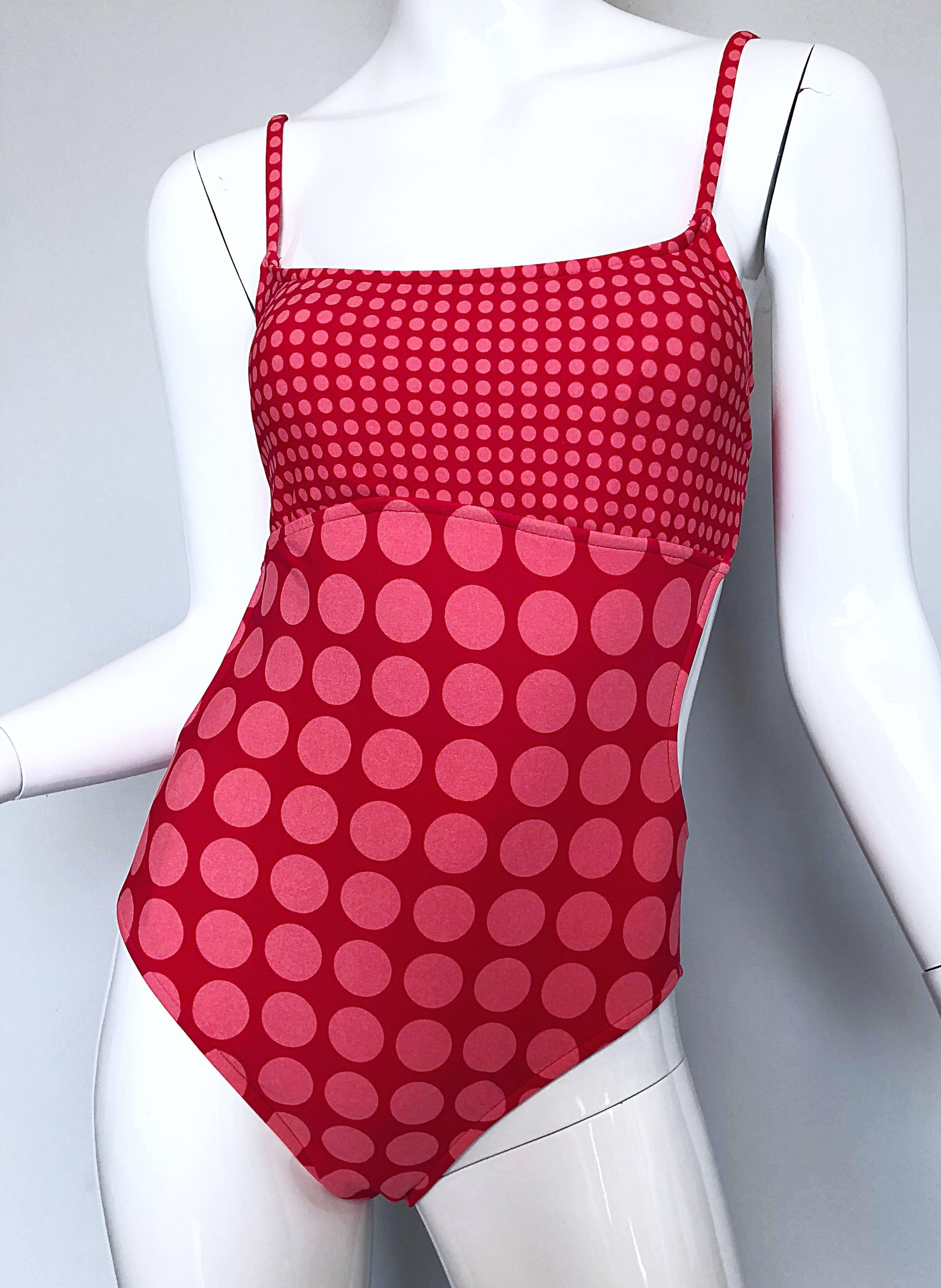 Bill Blass Vintage Cut Out 1990s Pink Red Polka Dot One Piece Bodysuit Swimsuit  In Excellent Condition For Sale In San Diego, CA