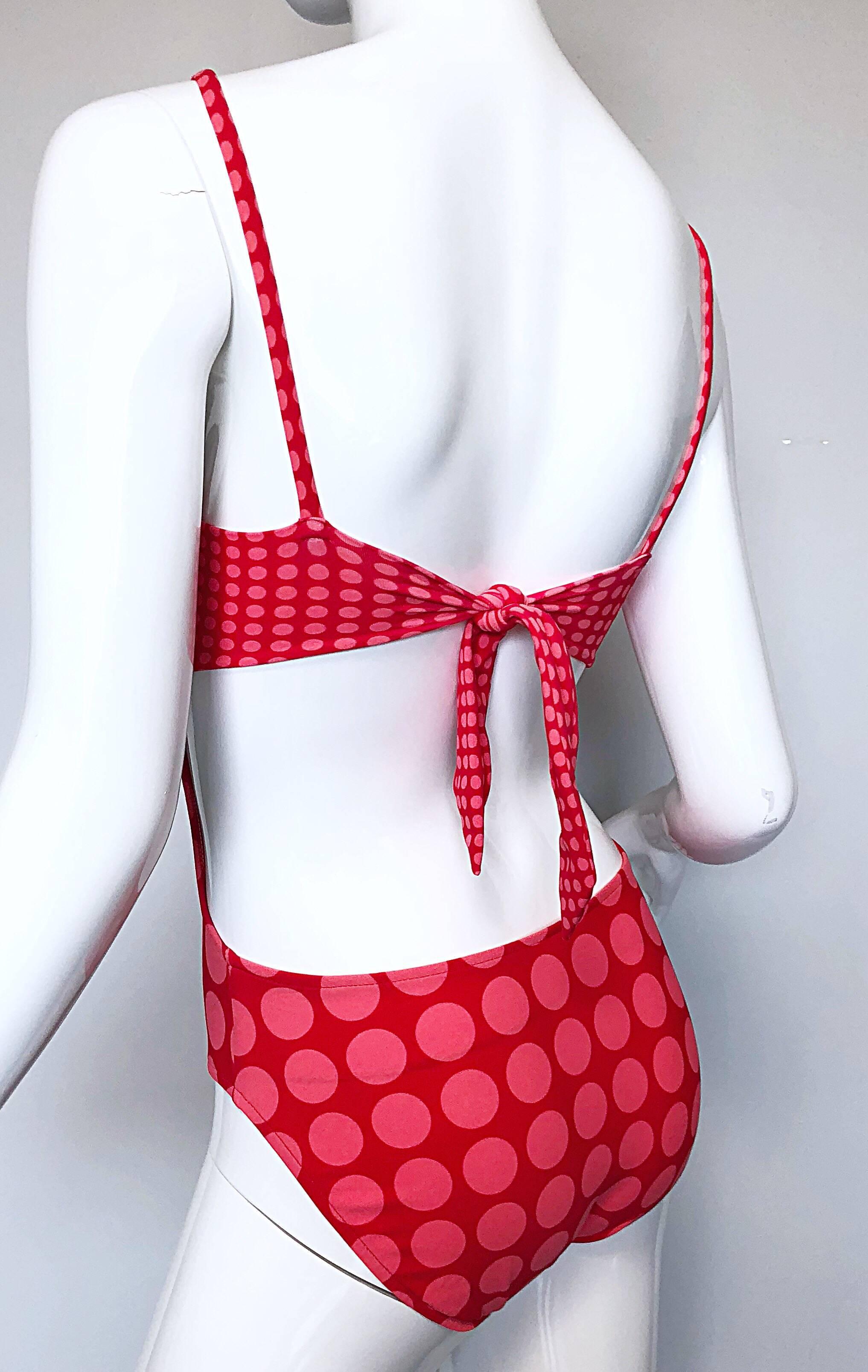 Women's Bill Blass Vintage Cut Out 1990s Pink Red Polka Dot One Piece Bodysuit Swimsuit  For Sale