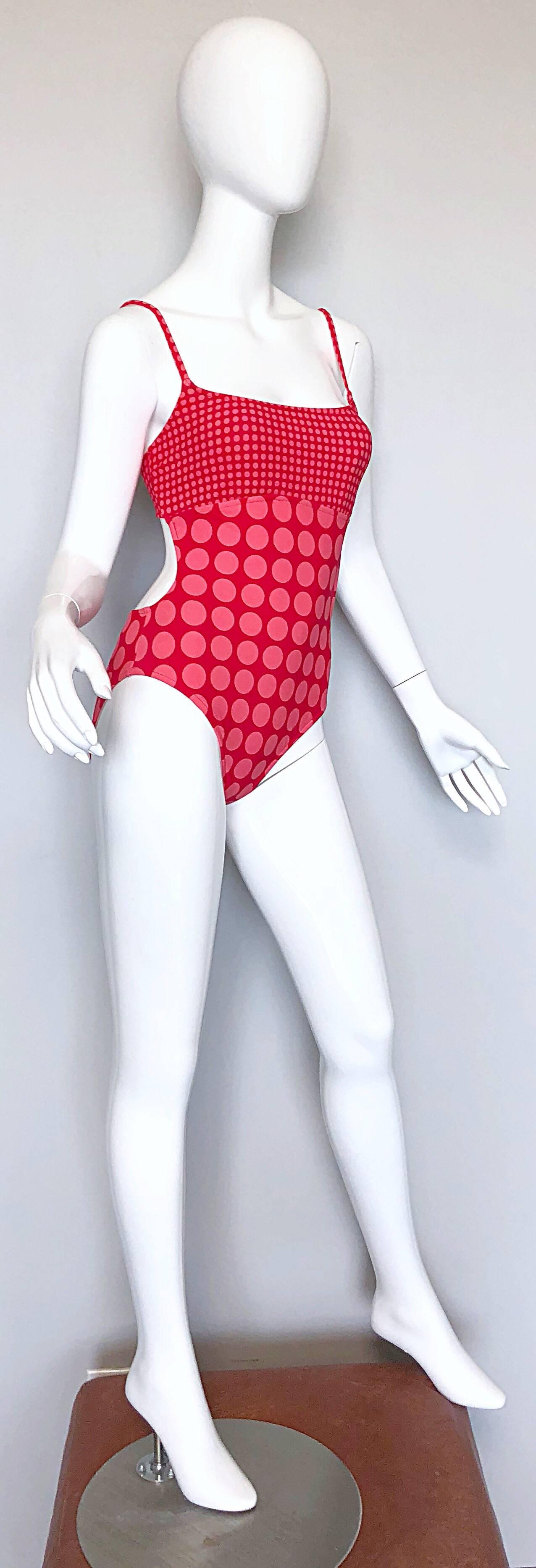 Bill Blass Vintage Cut Out 1990s Pink Red Polka Dot One Piece Bodysuit Swimsuit  For Sale 1
