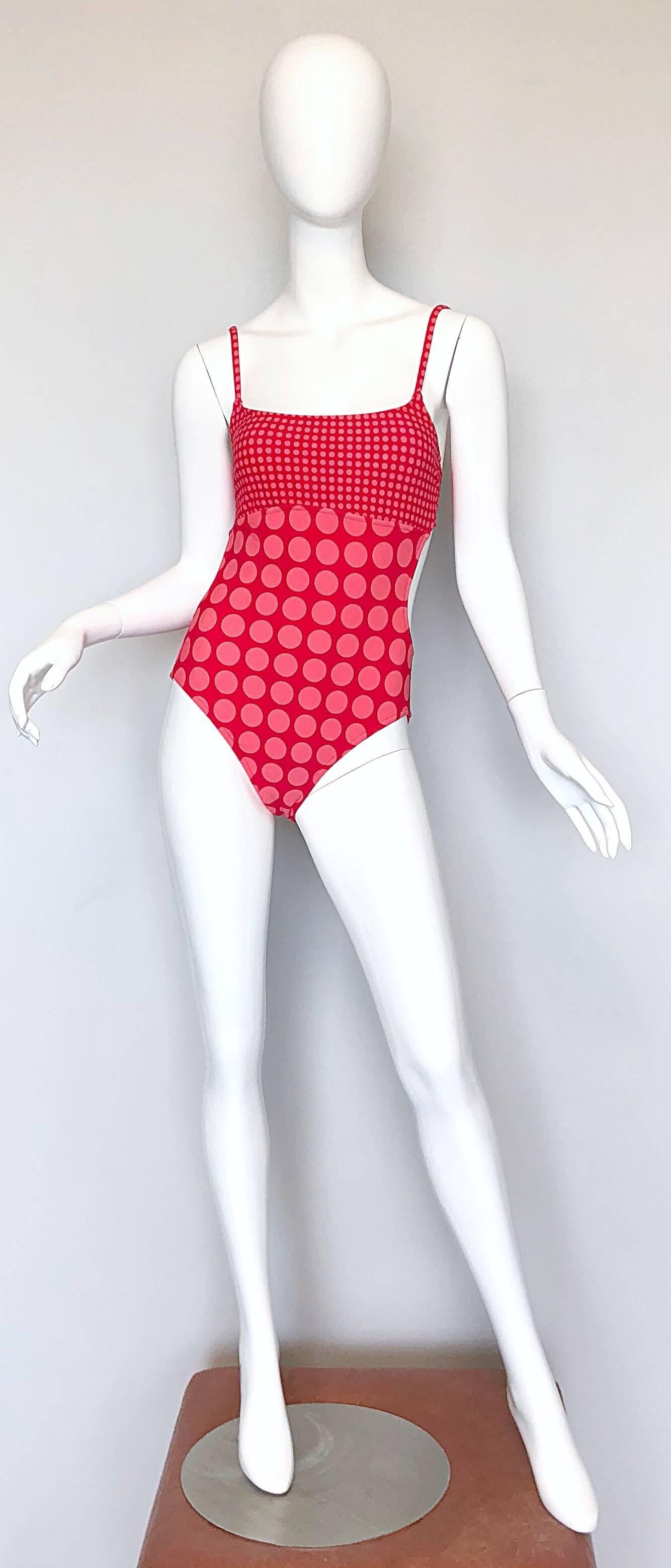 Bill Blass Vintage Cut Out 1990s Pink Red Polka Dot One Piece Bodysuit Swimsuit For Sale 2