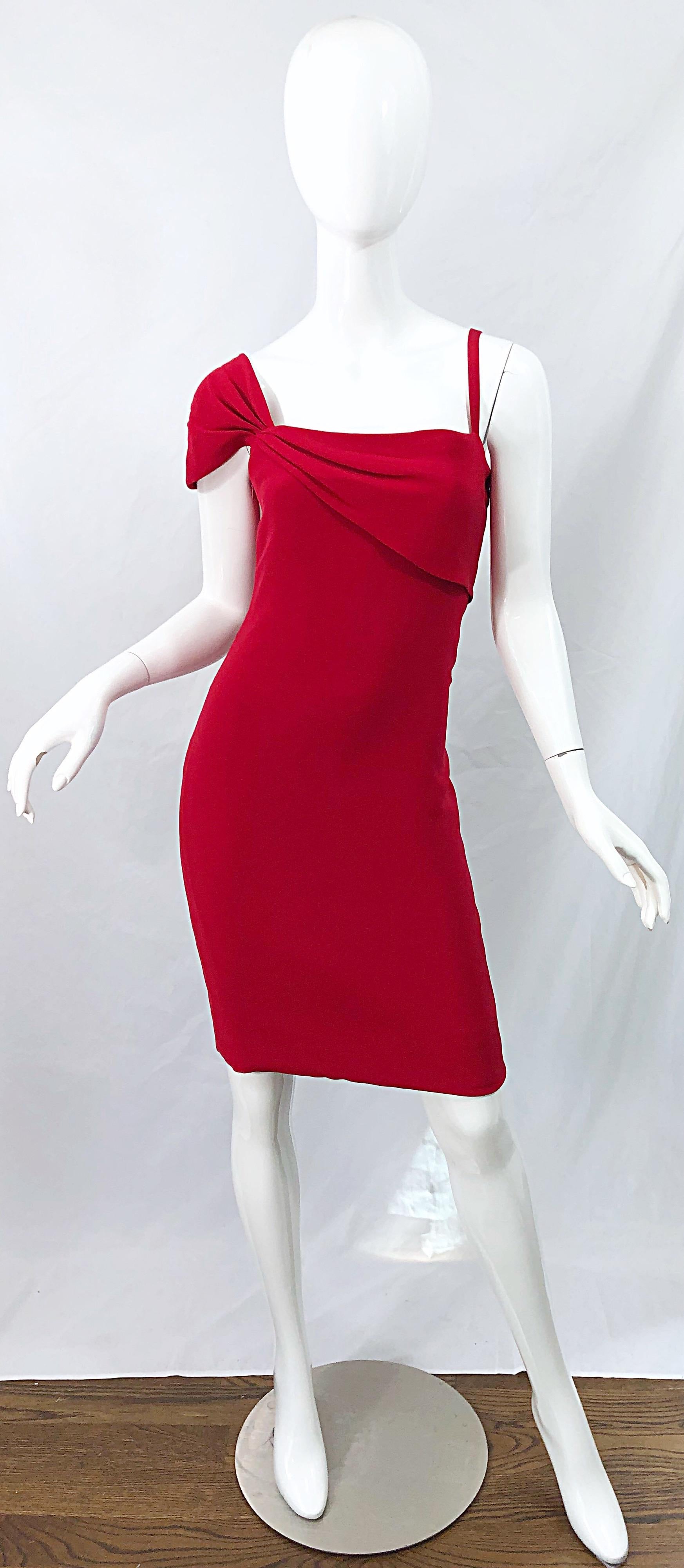 Amazing vintage 90s BILL BLASS for Saks 5th Avenue lipstick red one shoulder silk dress! Features a flattering fit with a spaghetti strap on the left shoulder and a cap sleeve on the right shoulder. Drapes along the front and back bodice. Hidden