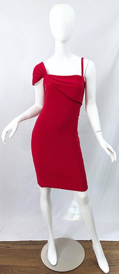 Vintage Bill Blass 1990s Size 6 Lipstick Red One Shoulder 90s Silk Dress