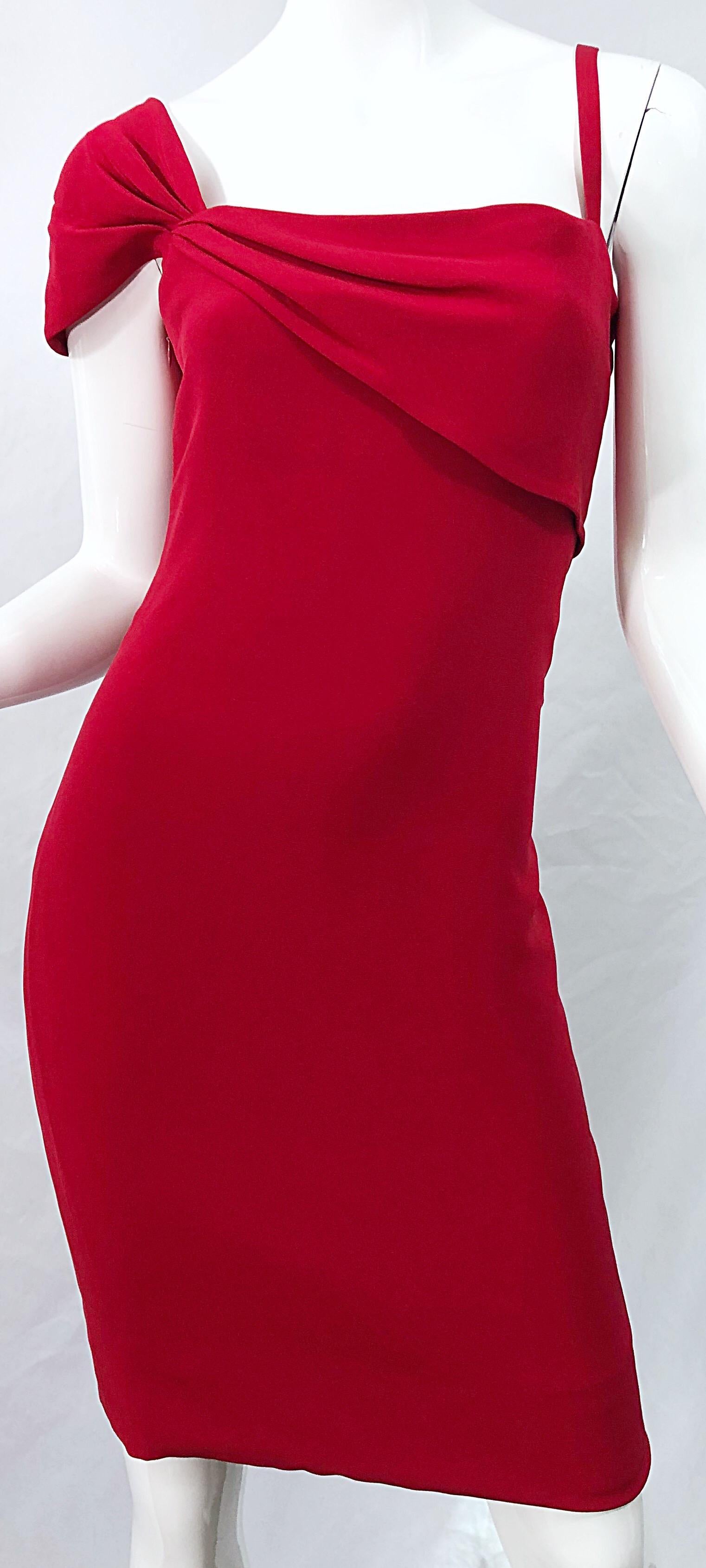 Women's Vintage Bill Blass 1990s Size 6 Lipstick Red One Shoulder 90s Silk Dress For Sale