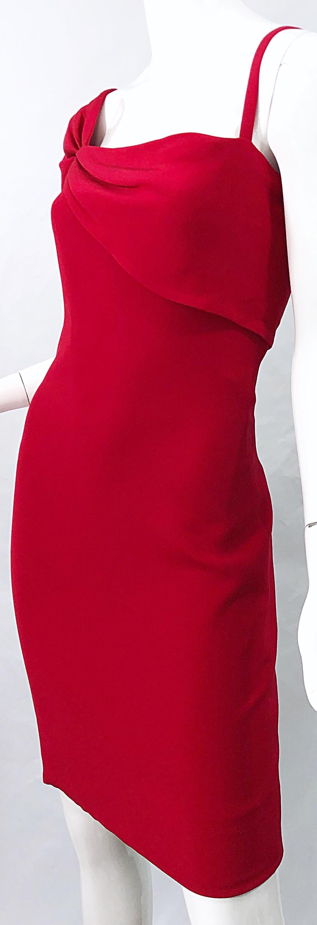 Vintage Bill Blass 1990s Size 6 Lipstick Red One Shoulder 90s Silk Dress For Sale 1