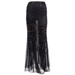 Bill Blass - Longue robe noire transparente vintage perlée  Jupe de soirée ornée de sequins et de perles