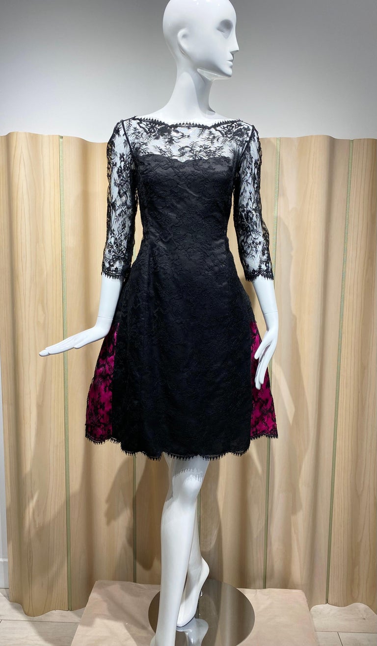 1988 Bill Blass Black Lace And Hot Pink Cocktail Dress
