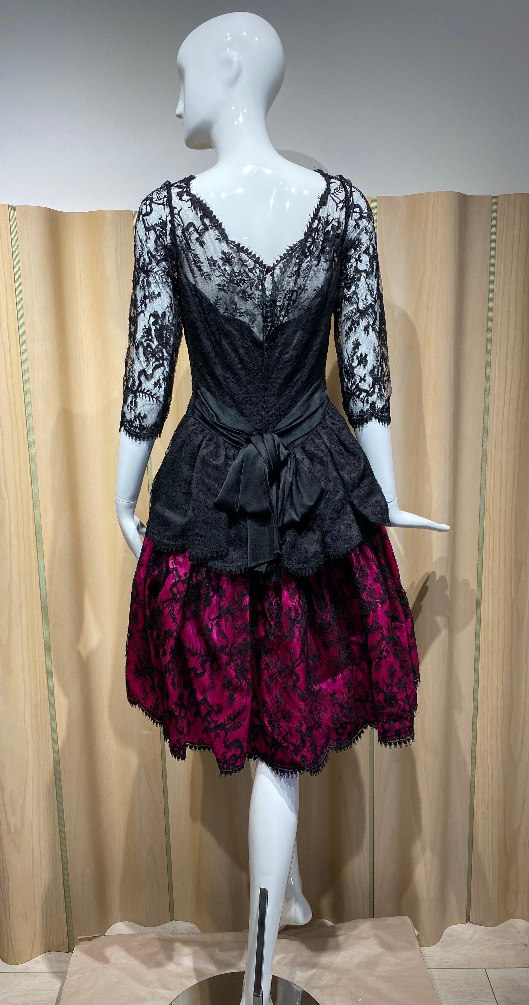 Women's Vintage Bill Blass Black Lace and Hot Pink Cocktail Dress For Sale