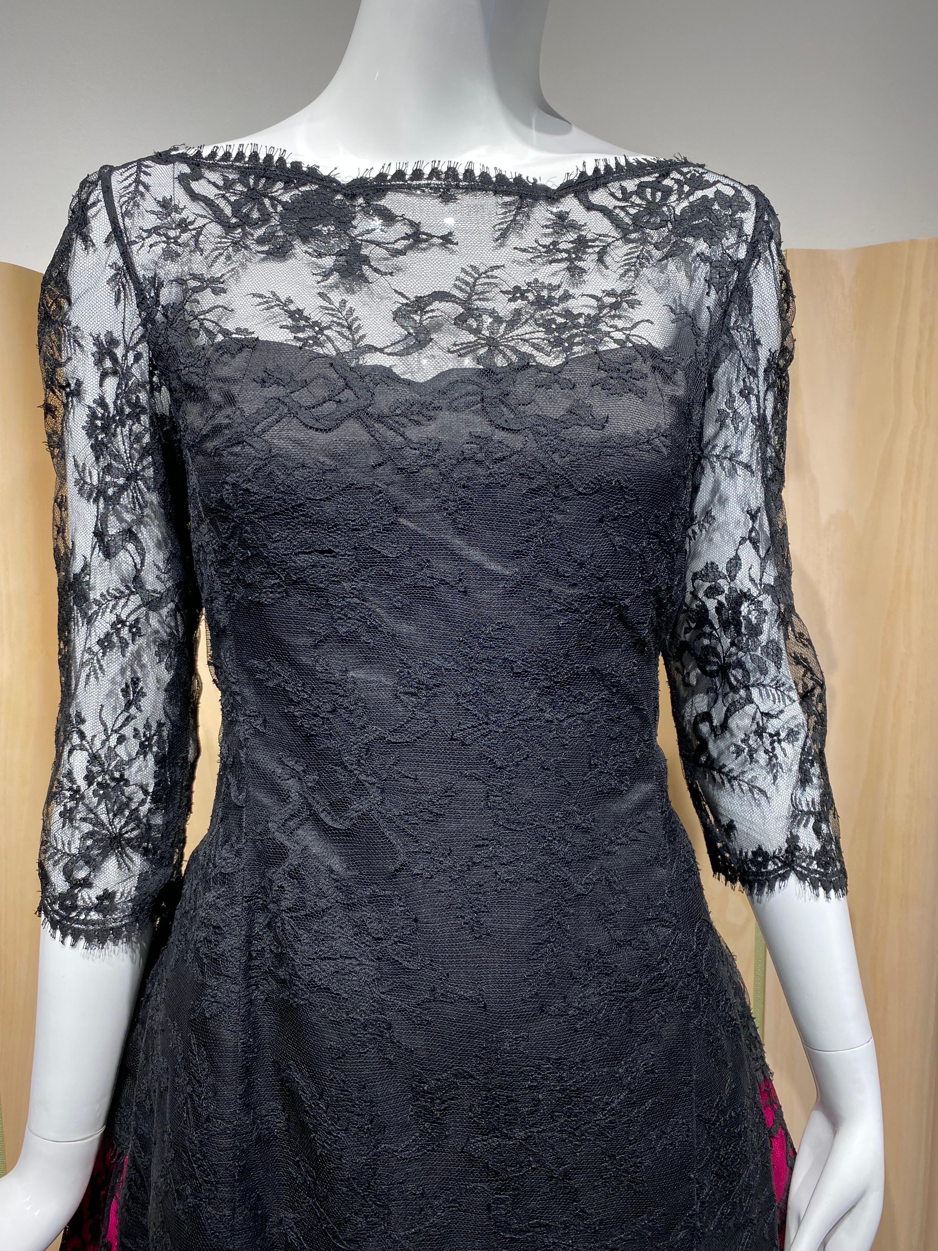 Vintage Bill Blass Black Lace and Hot Pink Cocktail Dress For Sale 1