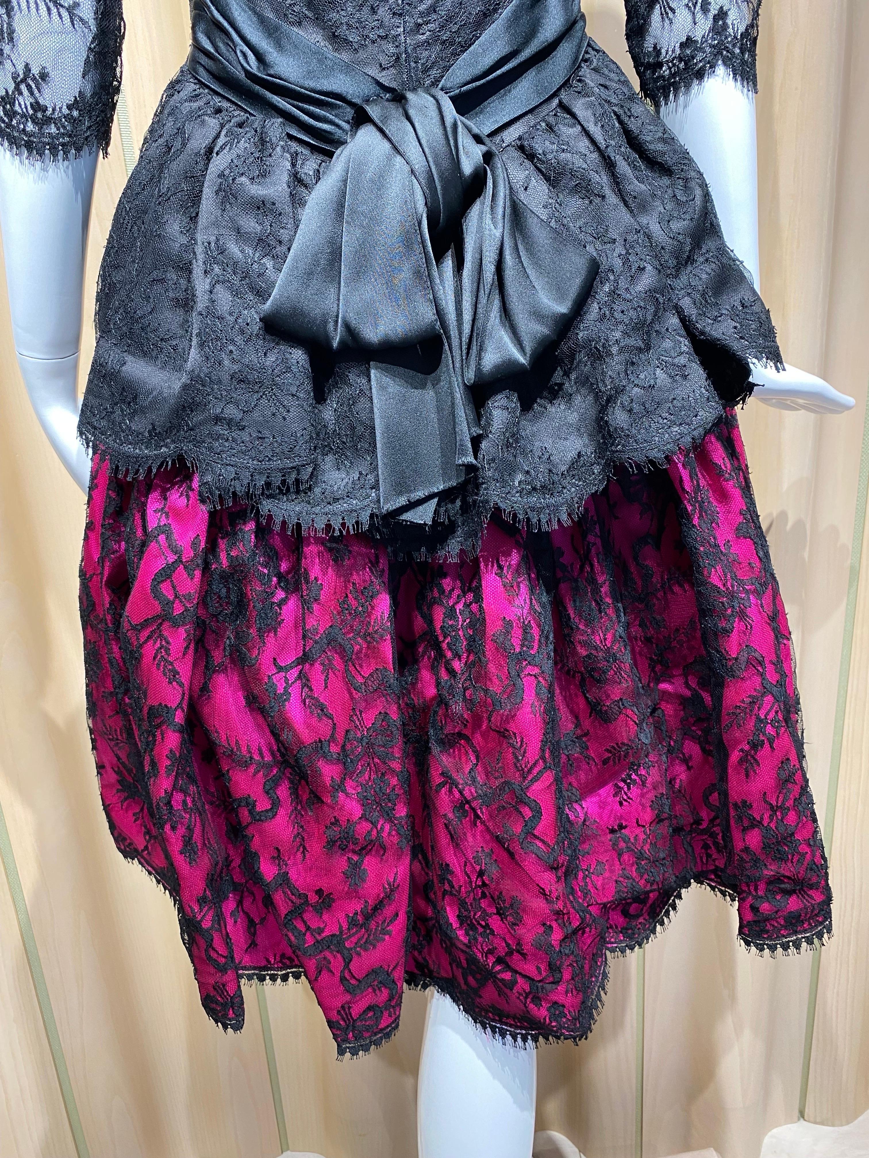 Vintage Bill Blass Black Lace and Hot Pink Cocktail Dress For Sale 2