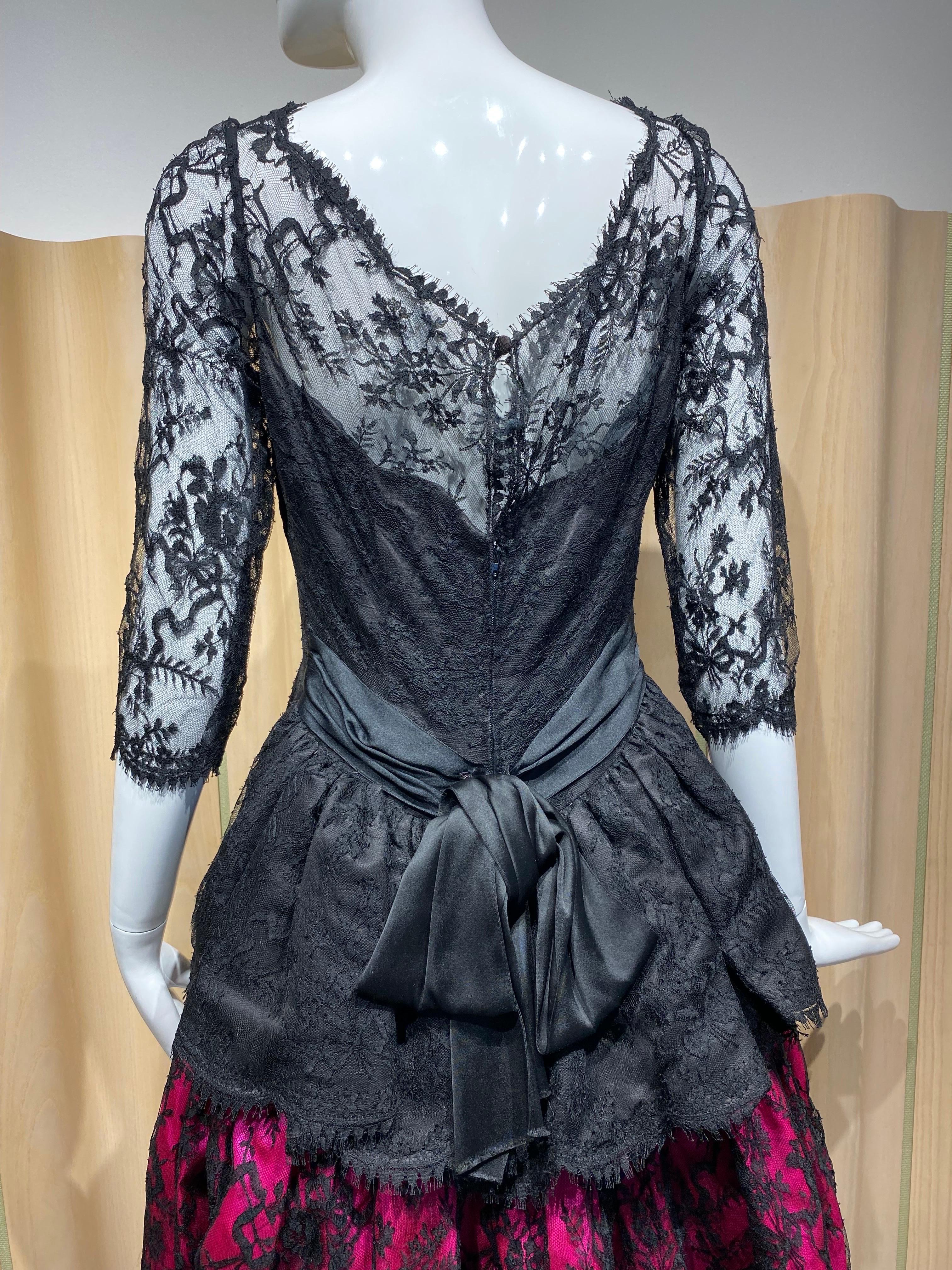 Vintage Bill Blass Black Lace and Hot Pink Cocktail Dress For Sale 3