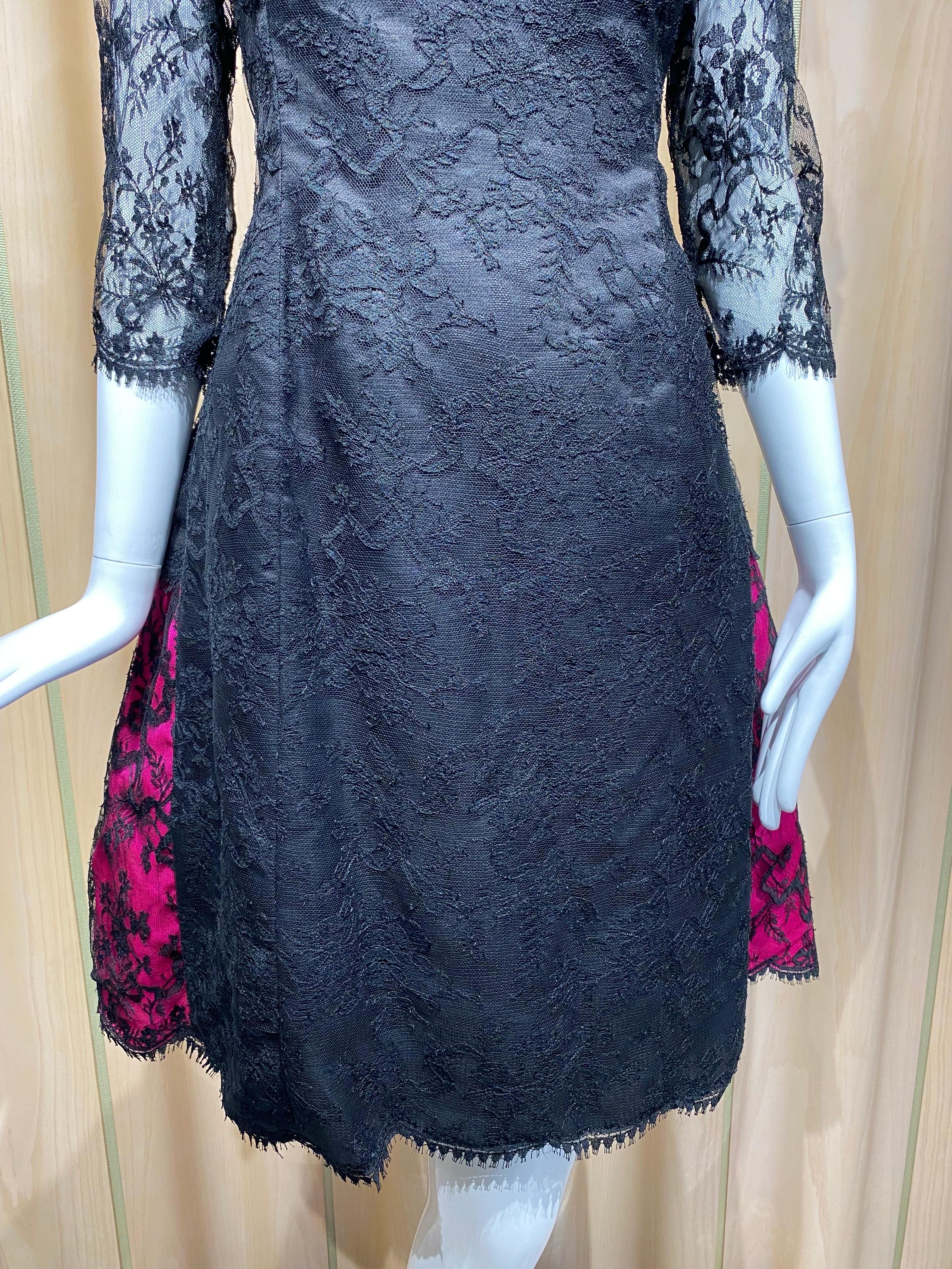 Vintage Bill Blass Black Lace and Hot Pink Cocktail Dress For Sale 4