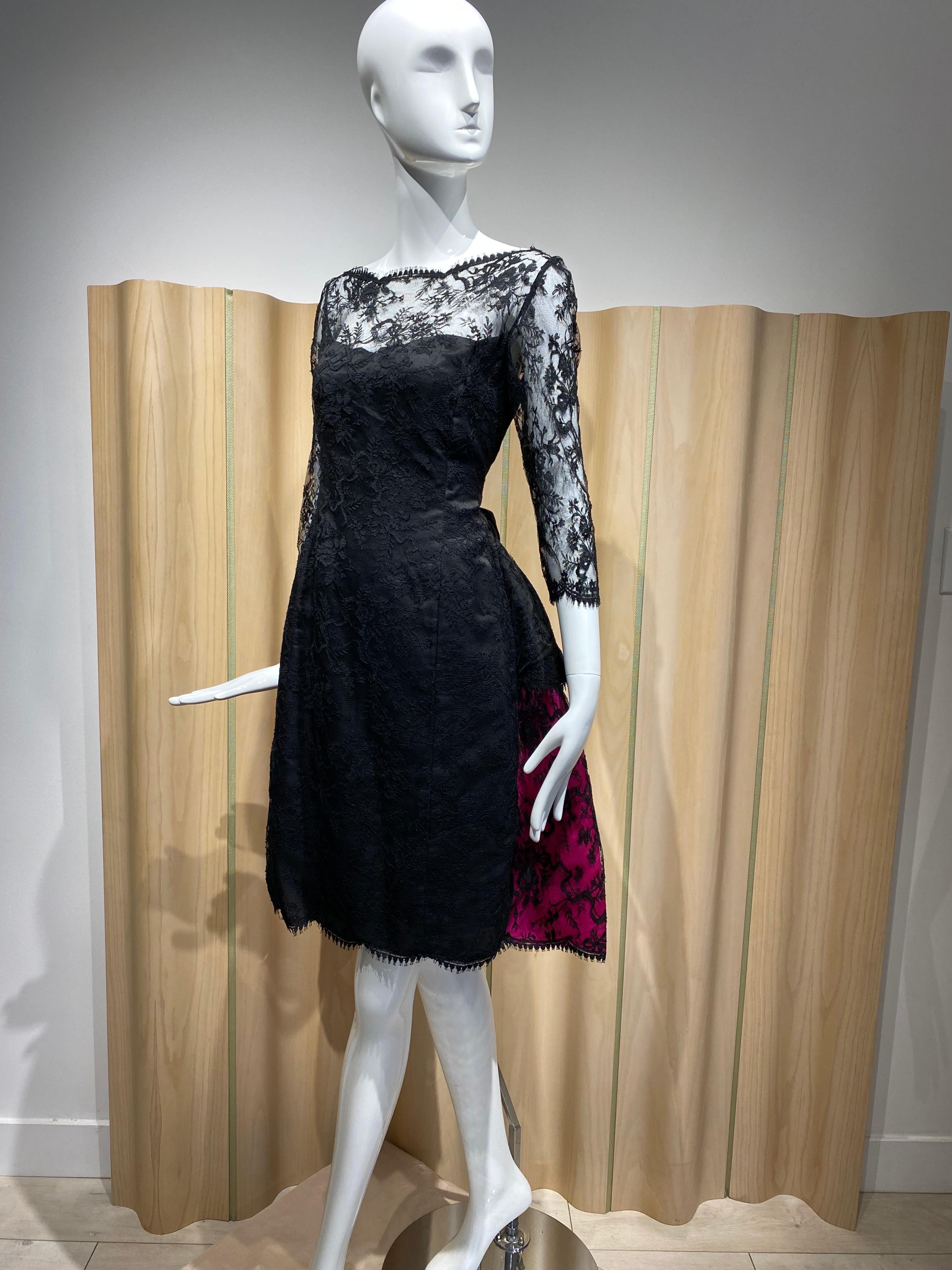 Vintage Bill Blass Black Lace and Hot Pink Cocktail Dress For Sale 5