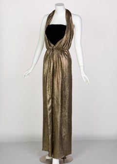 Vintage Bill Blass Black Velvet Gold Metallic Halter Strapless Evening Dress