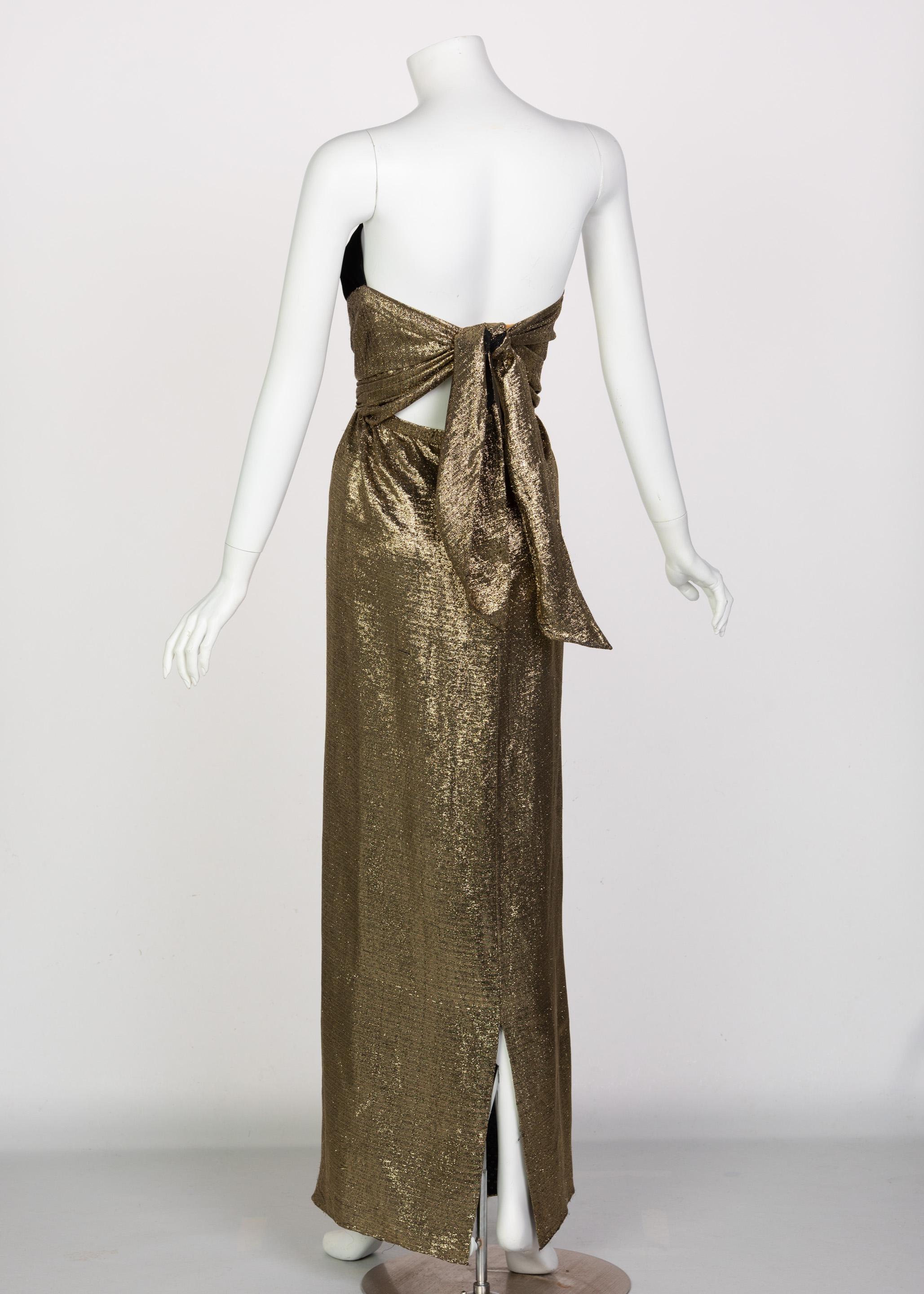 Vintage Bill Blass Black Velvet Gold Metallic Halter Strapless Evening Dress In Good Condition For Sale In Boca Raton, FL