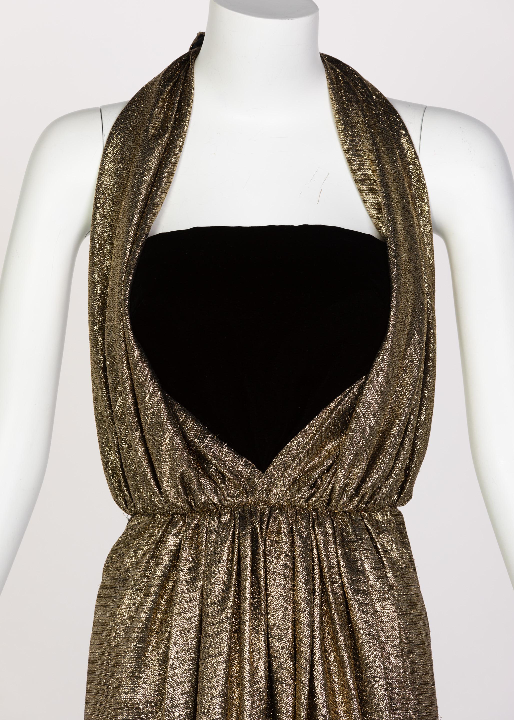 Women's Vintage Bill Blass Black Velvet Gold Metallic Halter Strapless Evening Dress For Sale
