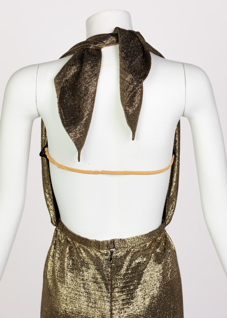 1960s Bill Blass Metallic Gold & Ivory Fused Silk Velvet Dress w Attached Neck Tie