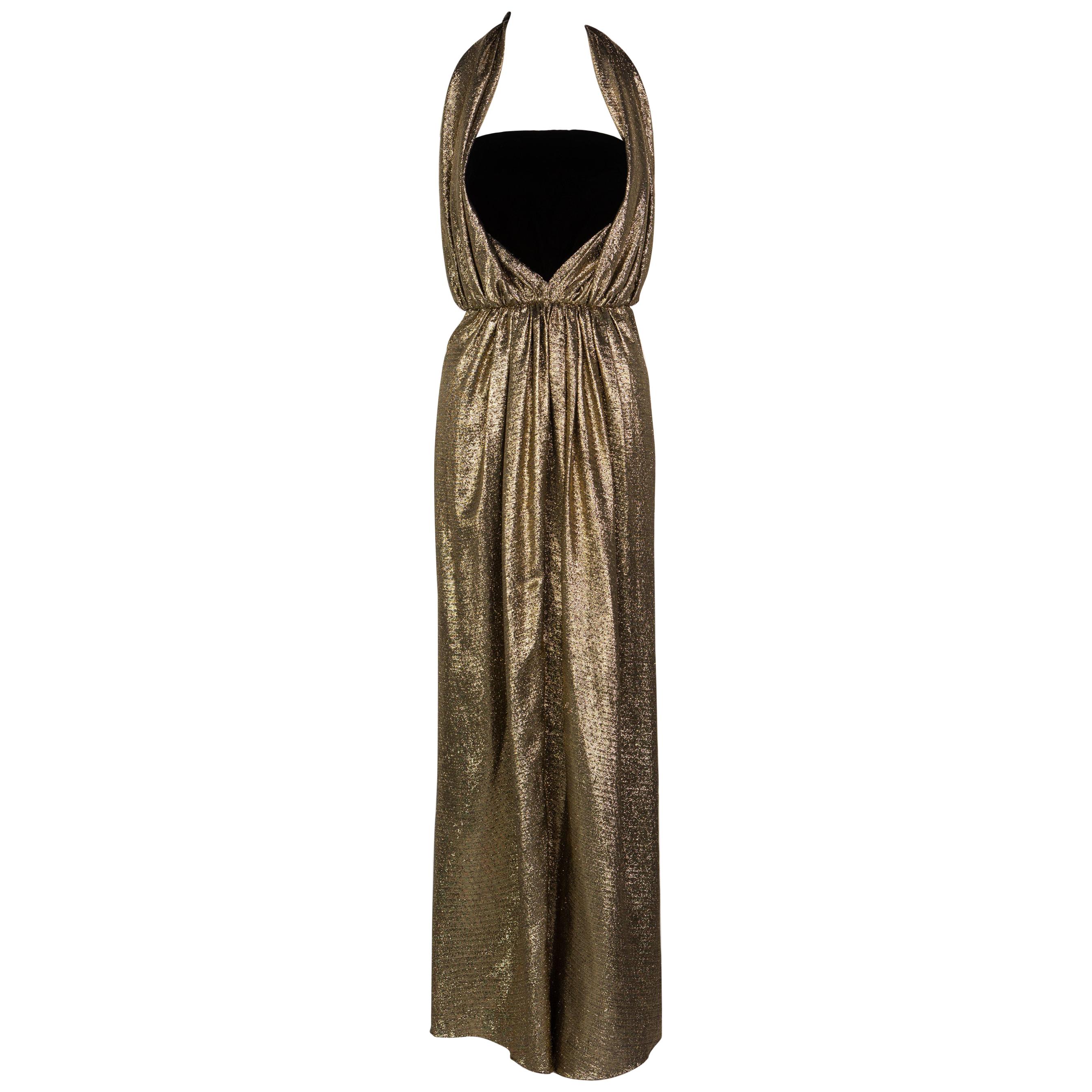 Vintage Bill Blass Black Velvet Gold Metallic Halter Strapless Evening Dress For Sale