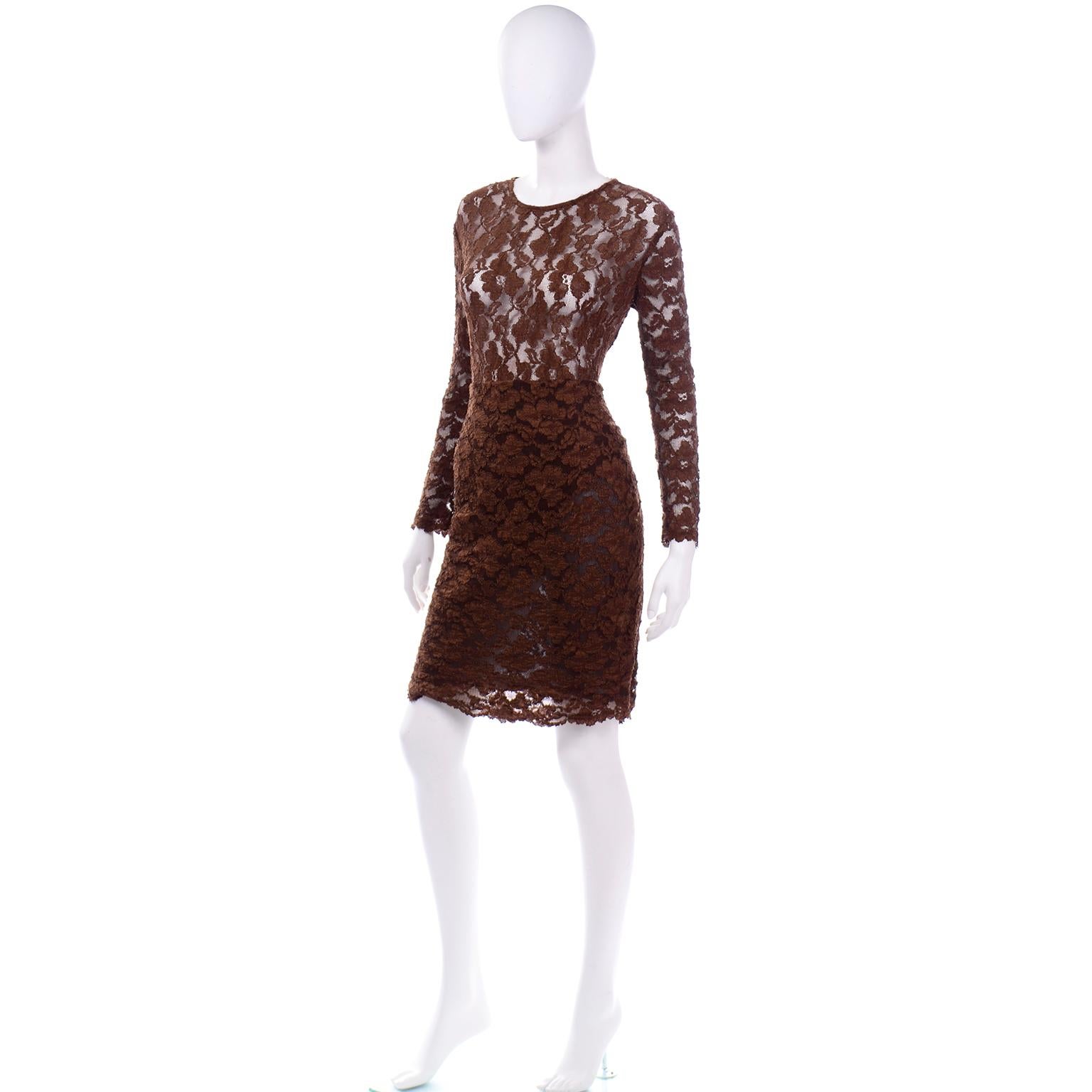 Vintage Bill Blass Braun Spitze Bodysuit & Rock 2 Pc Abendkleid Damen