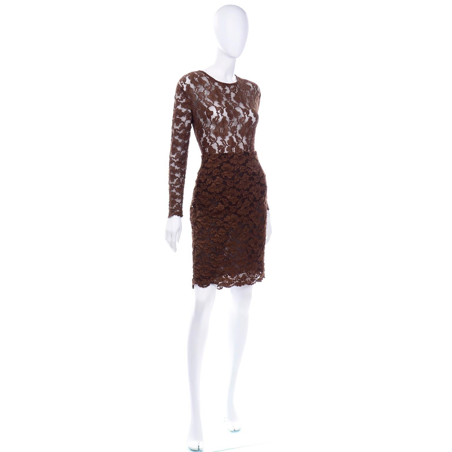 Vintage Bill Blass Braun Spitze Bodysuit & Rock 2 Pc Abendkleid 1