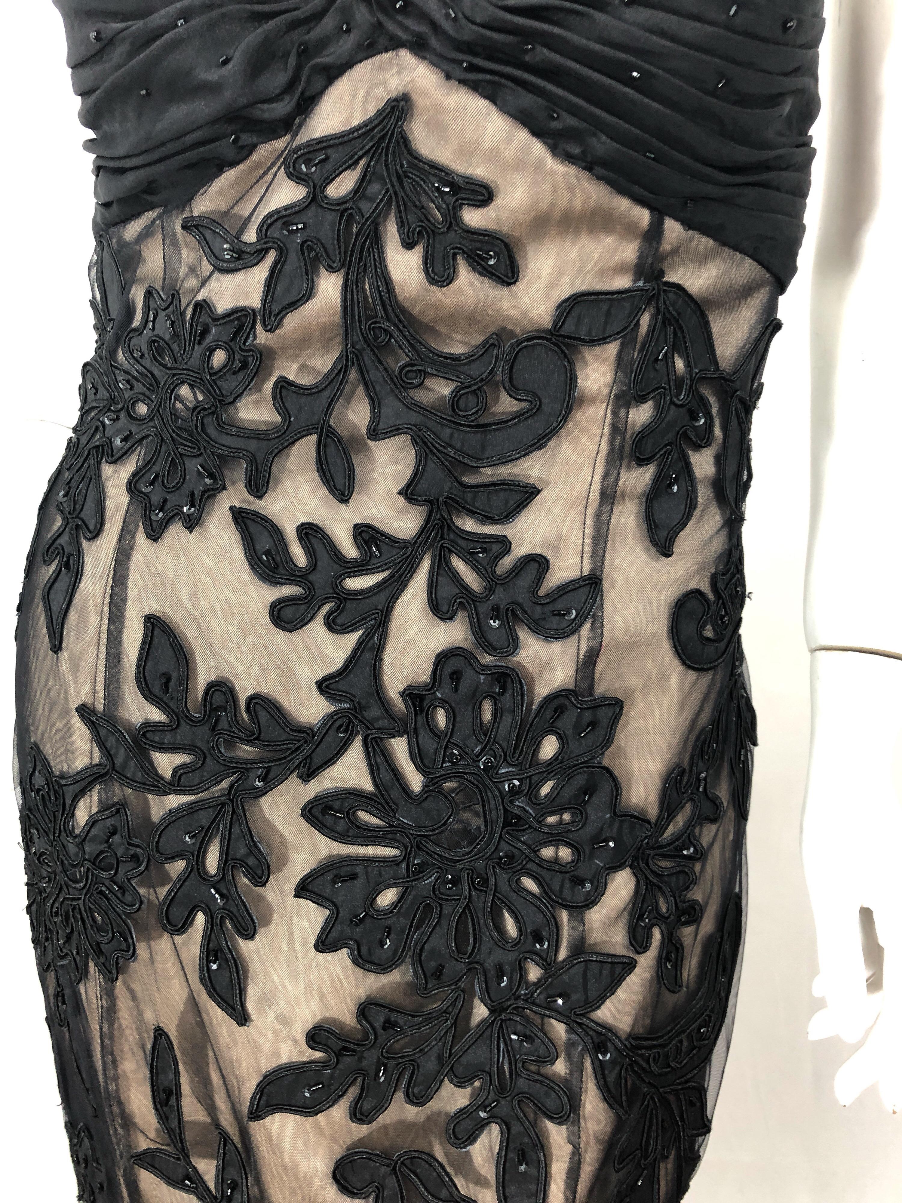 Bill Blass Couture Vintage trägerloses Meerjungfrauenkleid in Schwarz + Nude mit Perlen, Vintage, Größe 4 / 6 Damen im Angebot