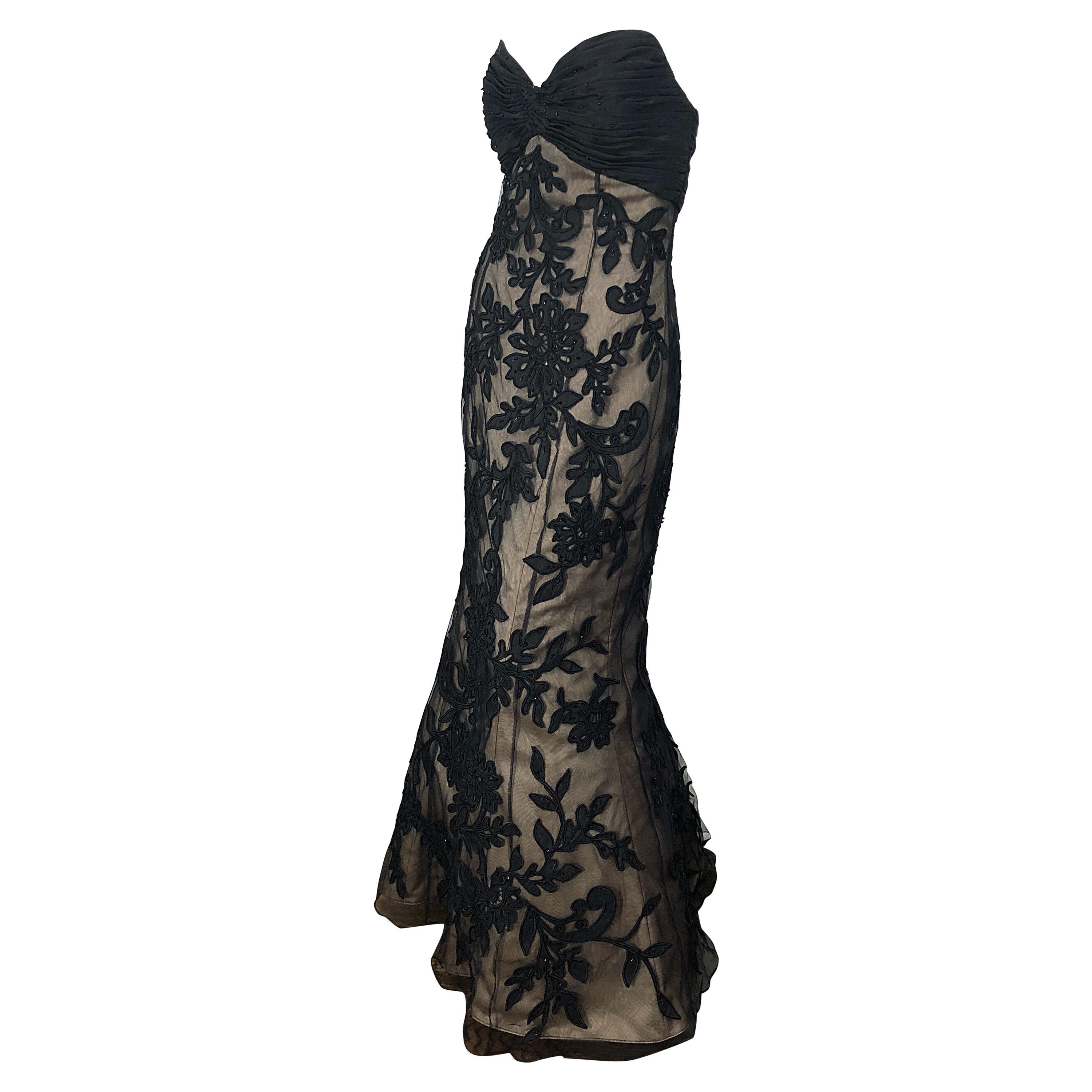 Vintage Bill Blass Couture Size 4 / 6 Black + Nude Beaded Strapless Mermaid Gown For Sale