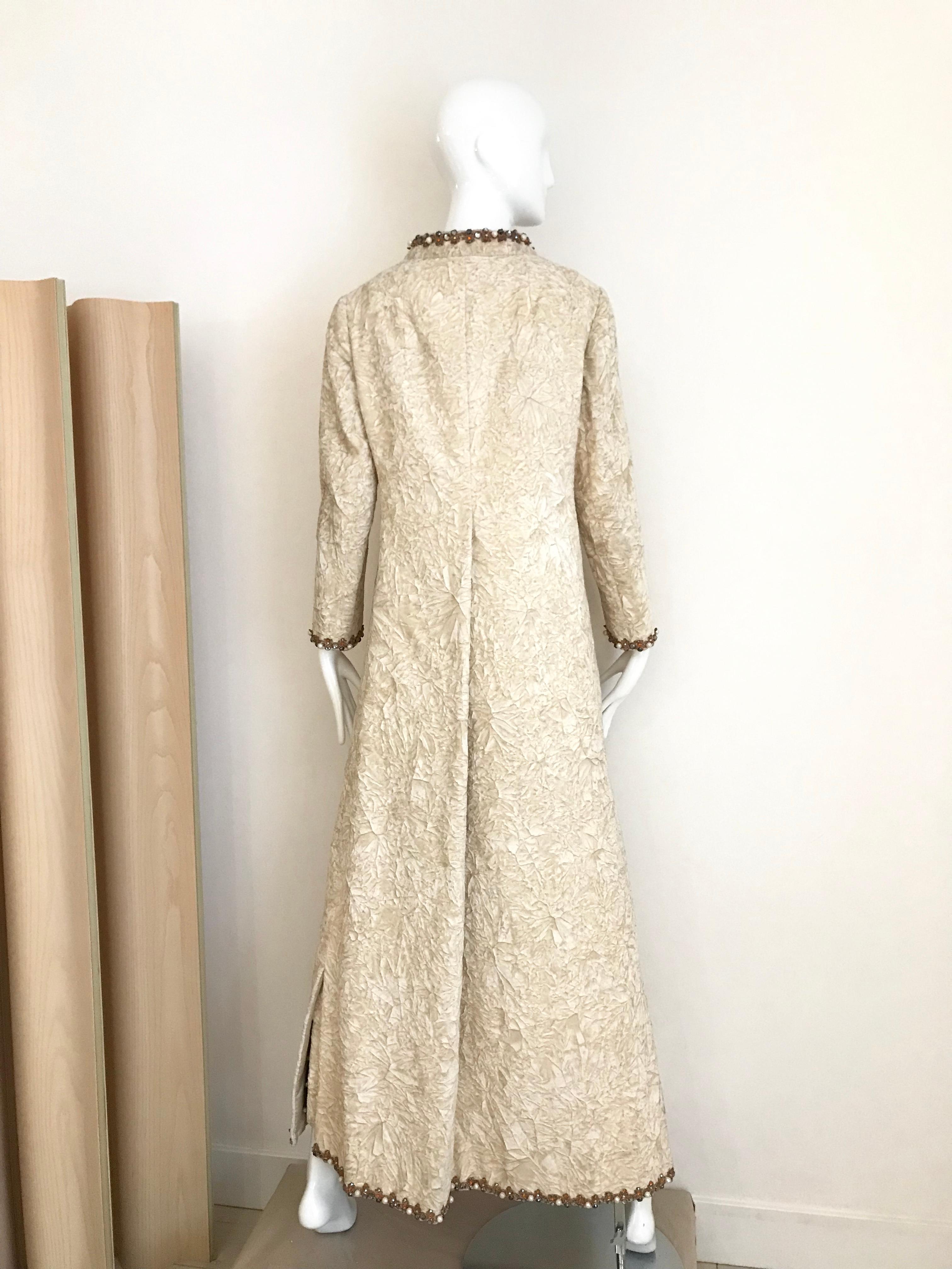 Beige 1960s Bill Blass Creme Crushed Velvet Maxi Dress with matching Coat