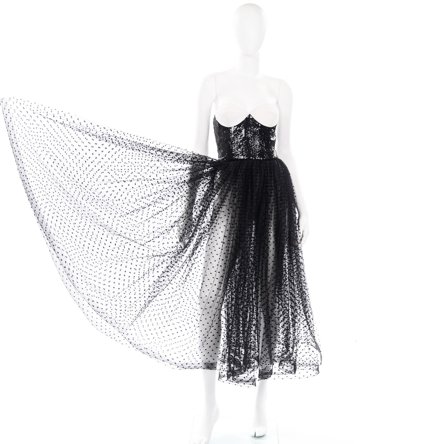 1991 Vintage Bill Blass Dress W Black & White Evening Dress w Tulle & Sequins 6