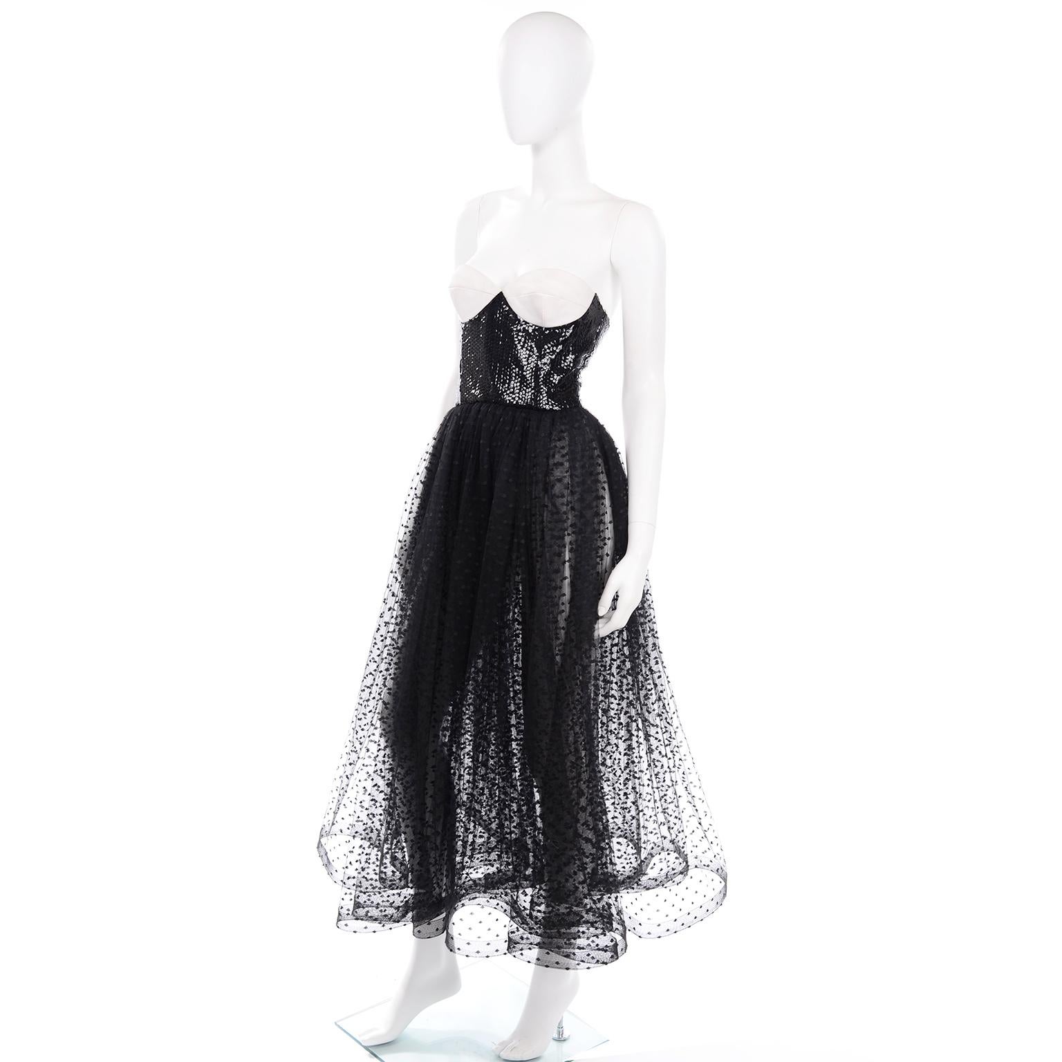 1991 Vintage Bill Blass Dress W Black & White Evening Dress w Tulle & Sequins 2