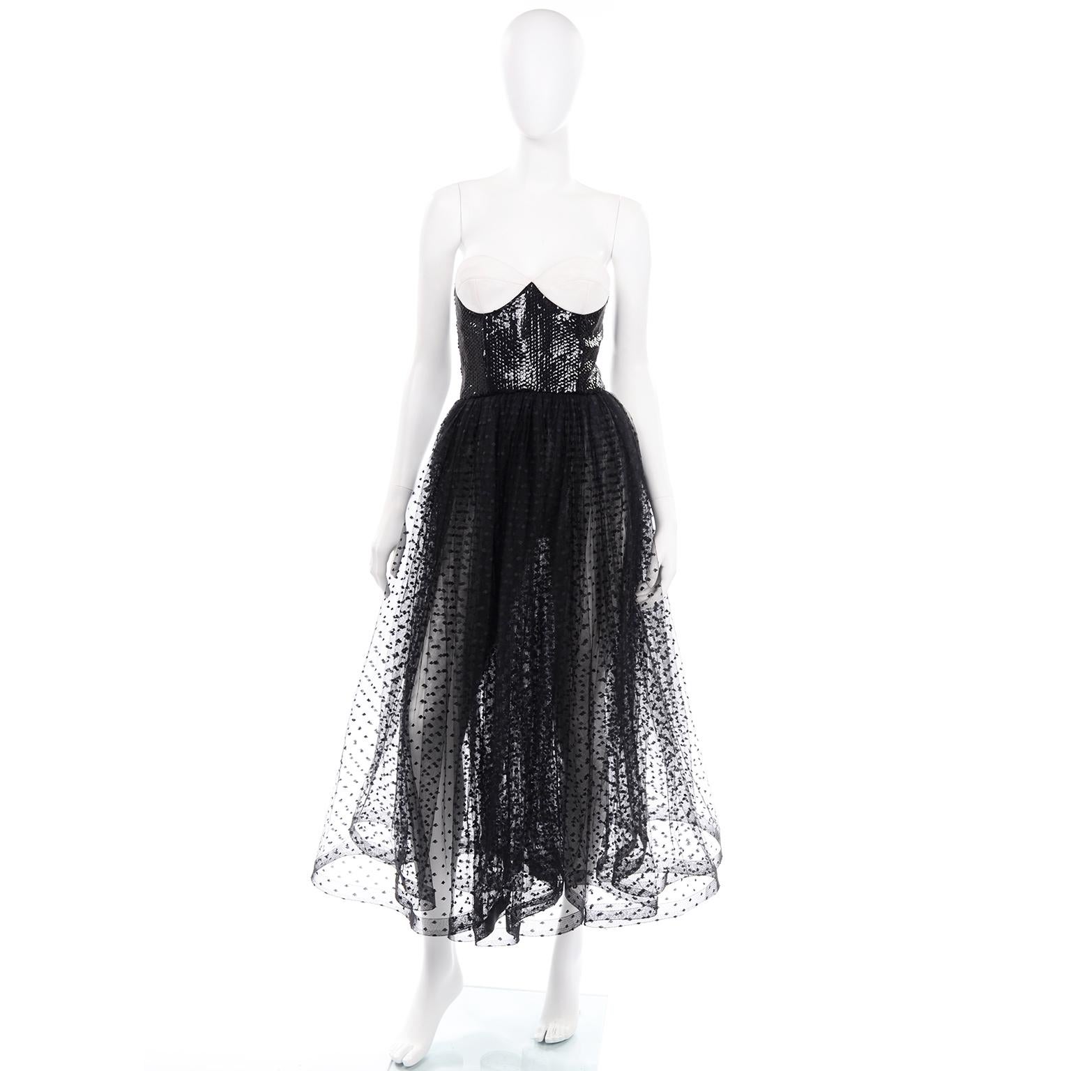 1991 Vintage Bill Blass Dress W Black & White Evening Dress w Tulle & Sequins 3