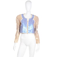 Vintage Bill Blass Gold Blue & Ivory Mini Paillette Sequin Cropped Jacket