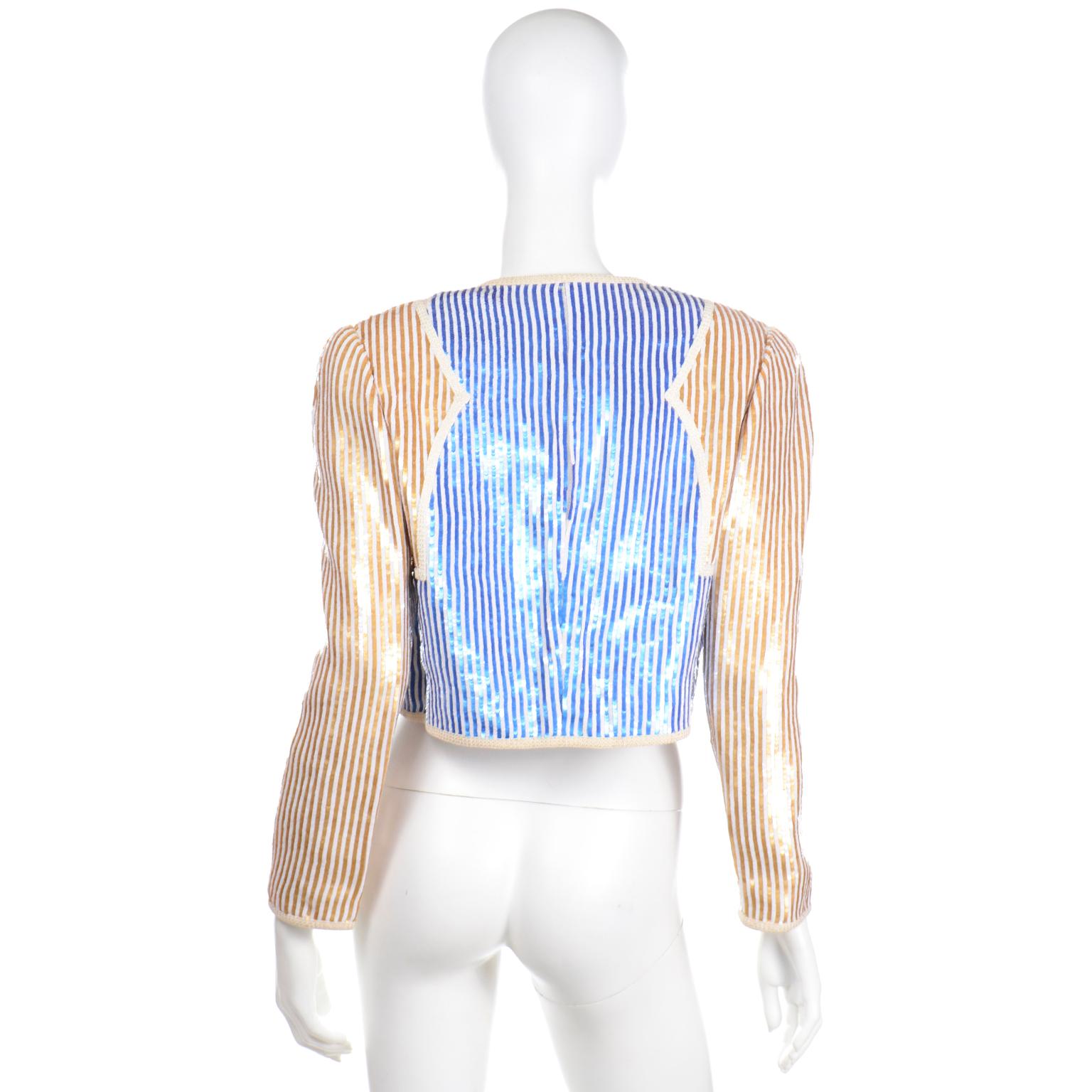 Gray Vintage Bill Blass Gold Blue & Ivory Mini Paillette Sequin Cropped Jacket For Sale