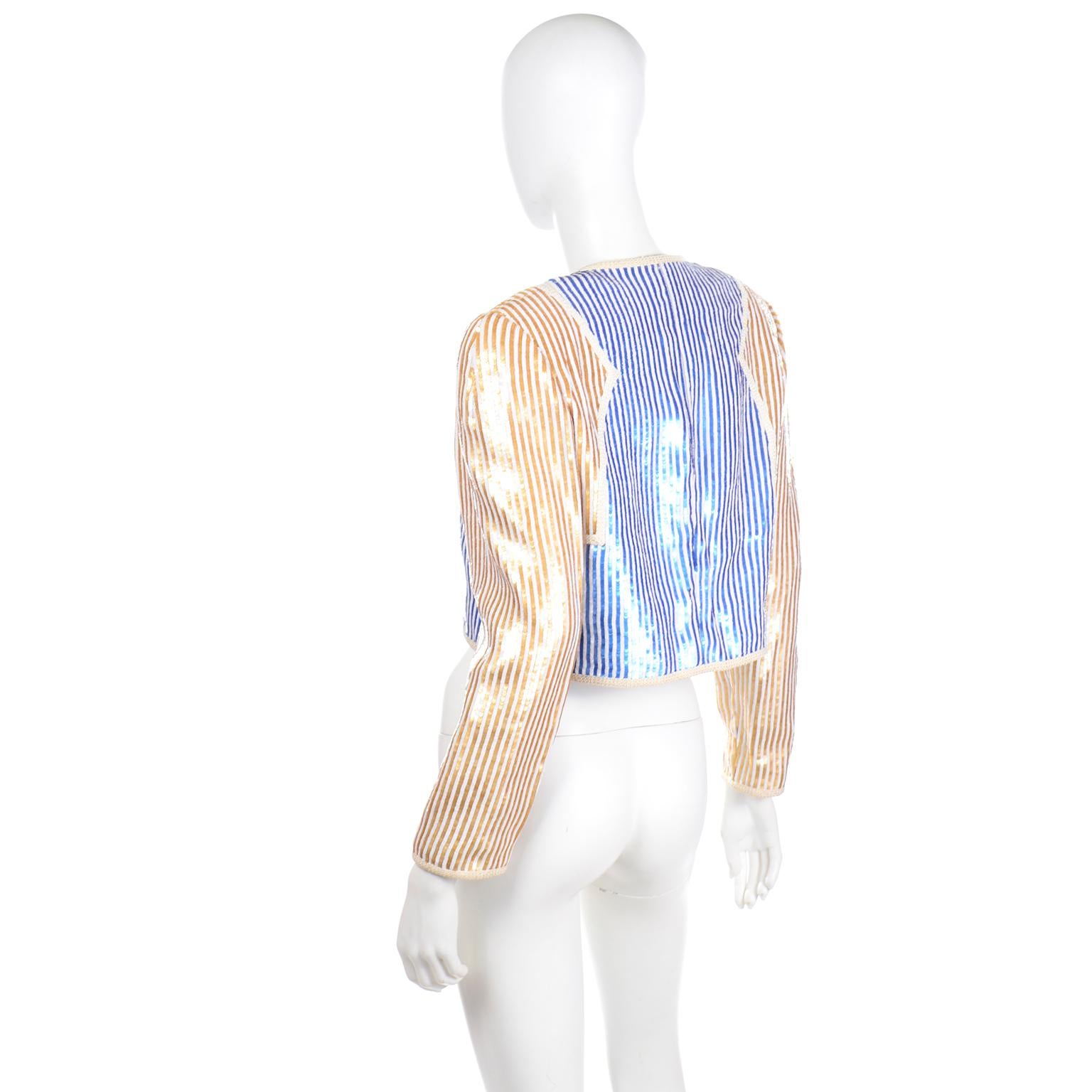 Vintage Bill Blass Gold Blue & Ivory Mini Paillette Sequin Cropped Jacket In Good Condition For Sale In Portland, OR