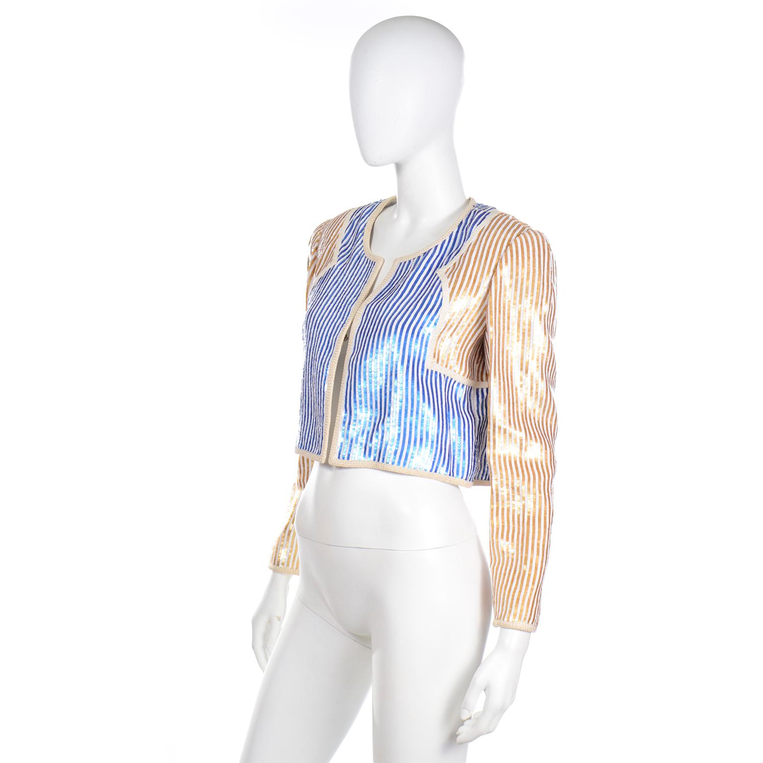 Women's Vintage Bill Blass Gold Blue & Ivory Mini Paillette Sequin Cropped Jacket For Sale